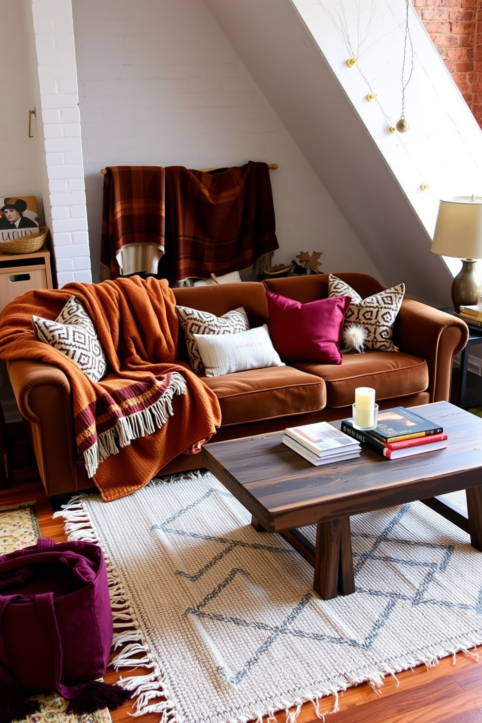 Layered textiles create an inviting warmth in a cozy fall loft. Plush throw blankets in rich autumn colors are draped over a deep-seated velvet sofa, complemented by an array of patterned cushions. A rustic wooden coffee table is adorned with a stack of art books and a scented candle. Soft area rugs in varying textures add depth and comfort to the hardwood floors, inviting relaxation.