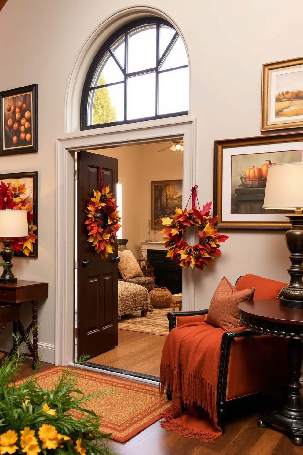 Autumn wreaths made of vibrant leaves and pinecones adorn the front door, creating a warm and inviting entrance. Inside, the loft features cozy textiles in rich earth tones, with throw pillows and blankets that complement the seasonal decor. The walls are decorated with framed autumn-themed artwork, showcasing rustic landscapes and harvest scenes. Soft lighting from stylish lamps enhances the ambiance, making the space feel both elegant and comfortable.