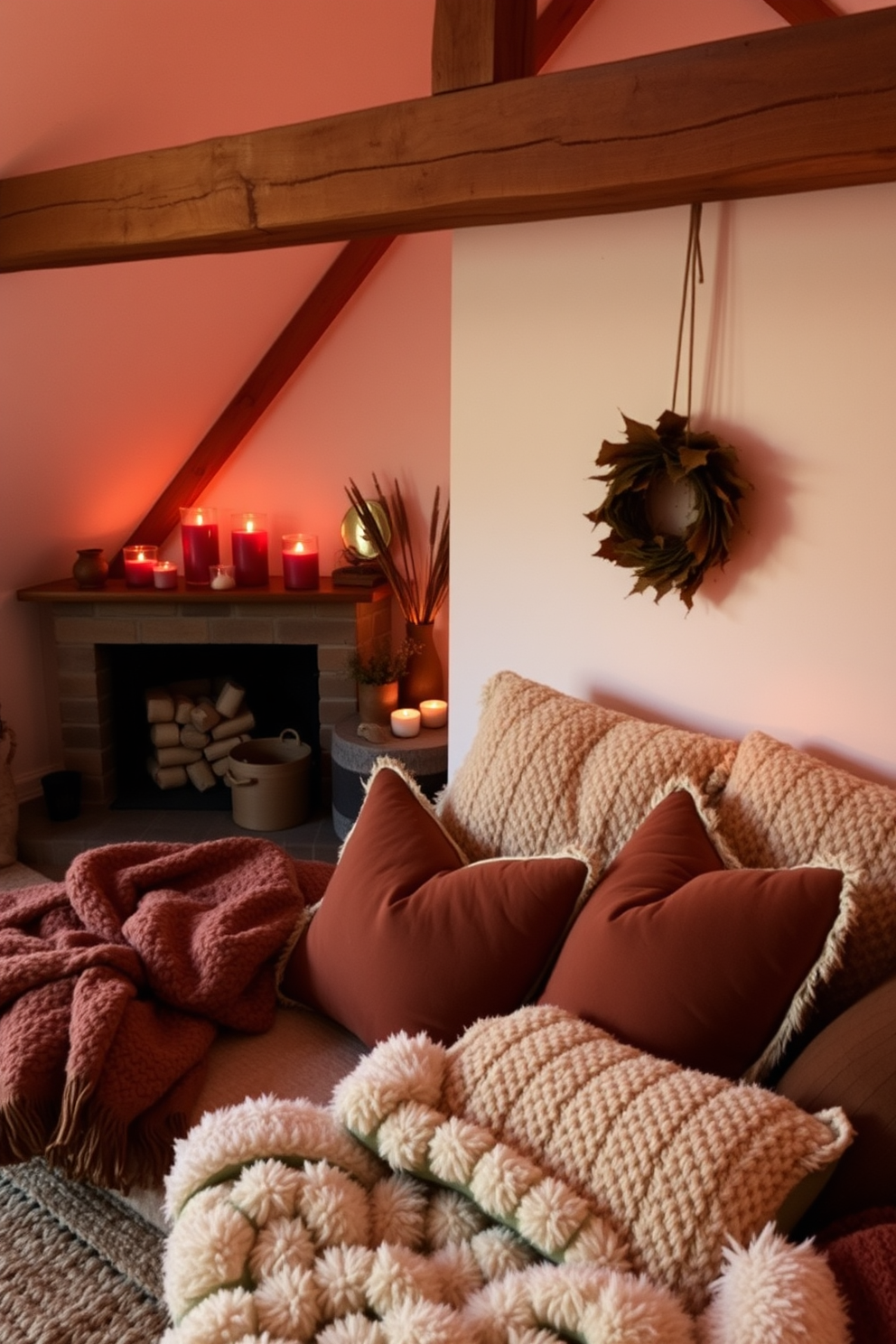 A cozy loft space adorned with candles in rich fall scents creating a warm ambiance. The room features plush throw blankets and decorative pillows in earthy tones, enhancing the inviting atmosphere.