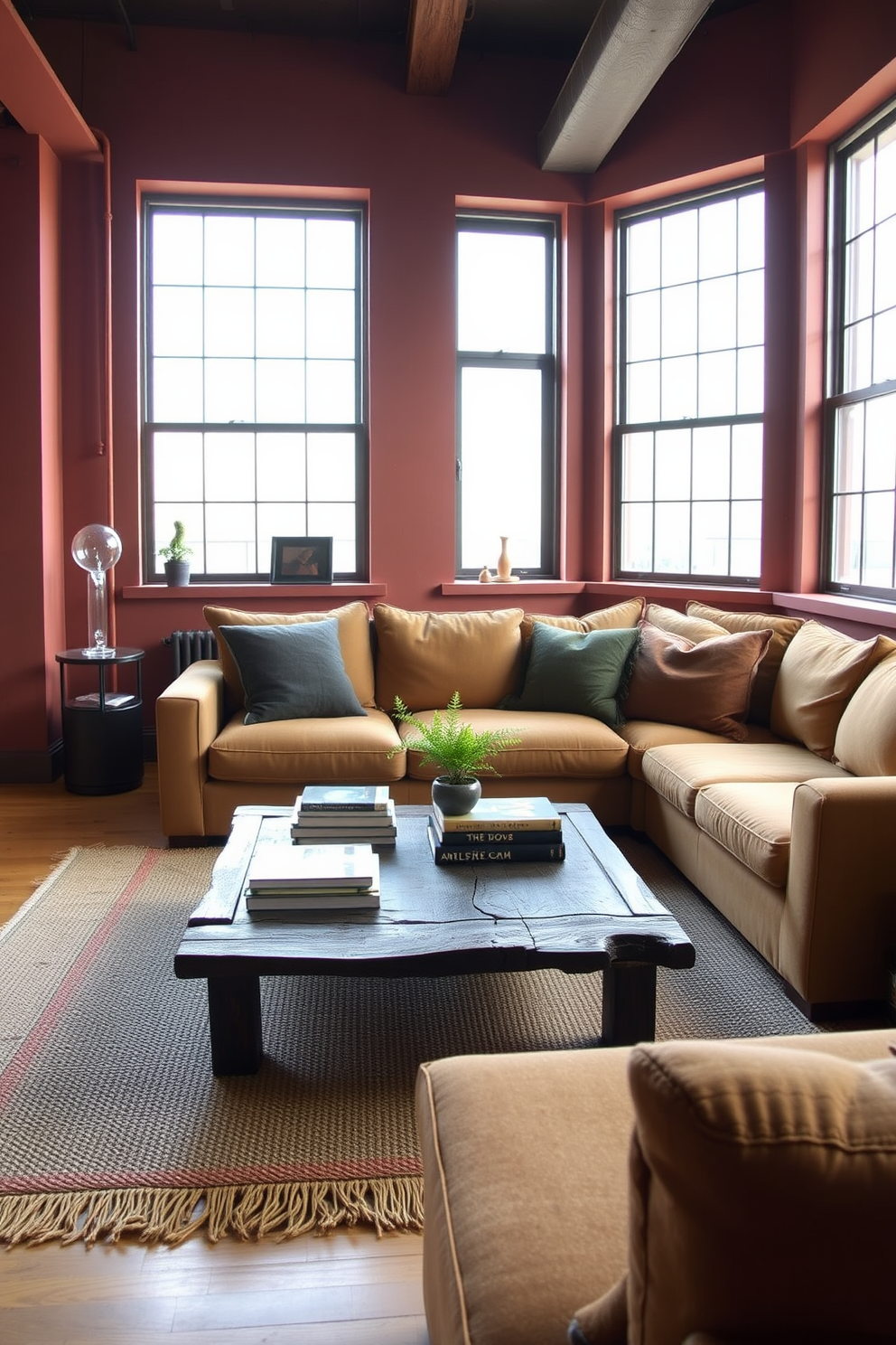 A cozy loft space featuring an earthy color palette with rich tones. The walls are painted in deep terracotta, complemented by a large, plush sofa in a warm beige fabric. A rustic wooden coffee table sits in the center, adorned with a stack of art books and a small potted plant. Large windows allow natural light to flood the room, highlighting a textured area rug beneath the seating area.