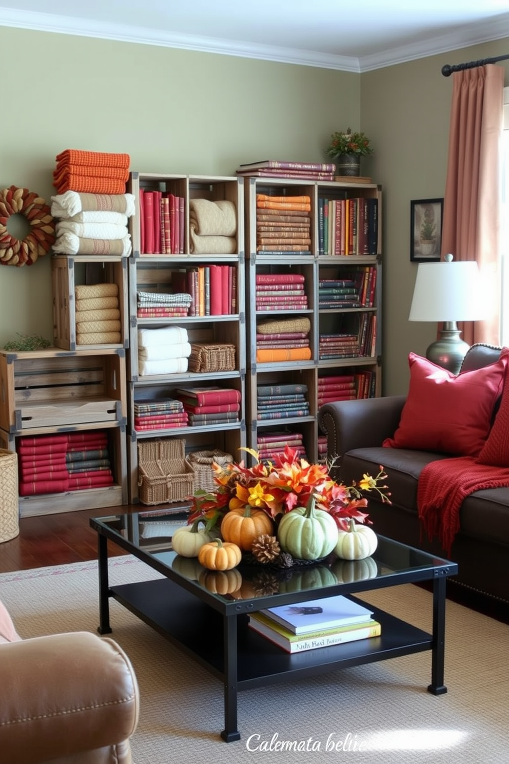 A cozy living room featuring vintage wooden crates used as stylish storage solutions. The crates are stacked in a corner, displaying an array of colorful throw blankets and books, adding a rustic charm to the space. The room is adorned with warm autumn tones, including burnt orange and deep red accents. Decorative pumpkins and fall foliage are tastefully arranged on a coffee table, enhancing the seasonal ambiance.