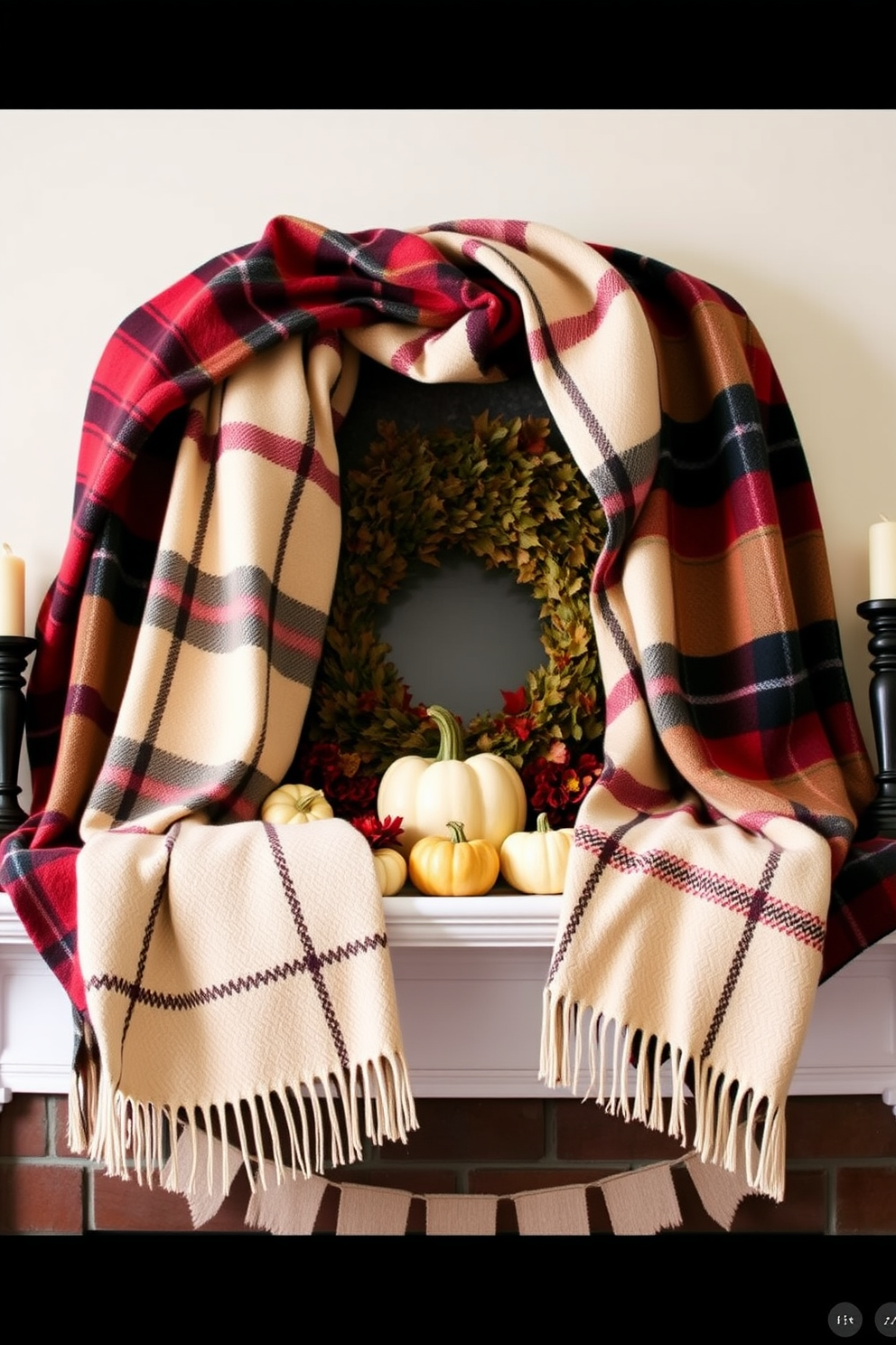 A cozy fall mantel adorned with warm plaid blankets draped elegantly over the mantelpiece. The rich textures of the blankets complement the autumnal decor, featuring pumpkins and seasonal foliage for a welcoming touch.