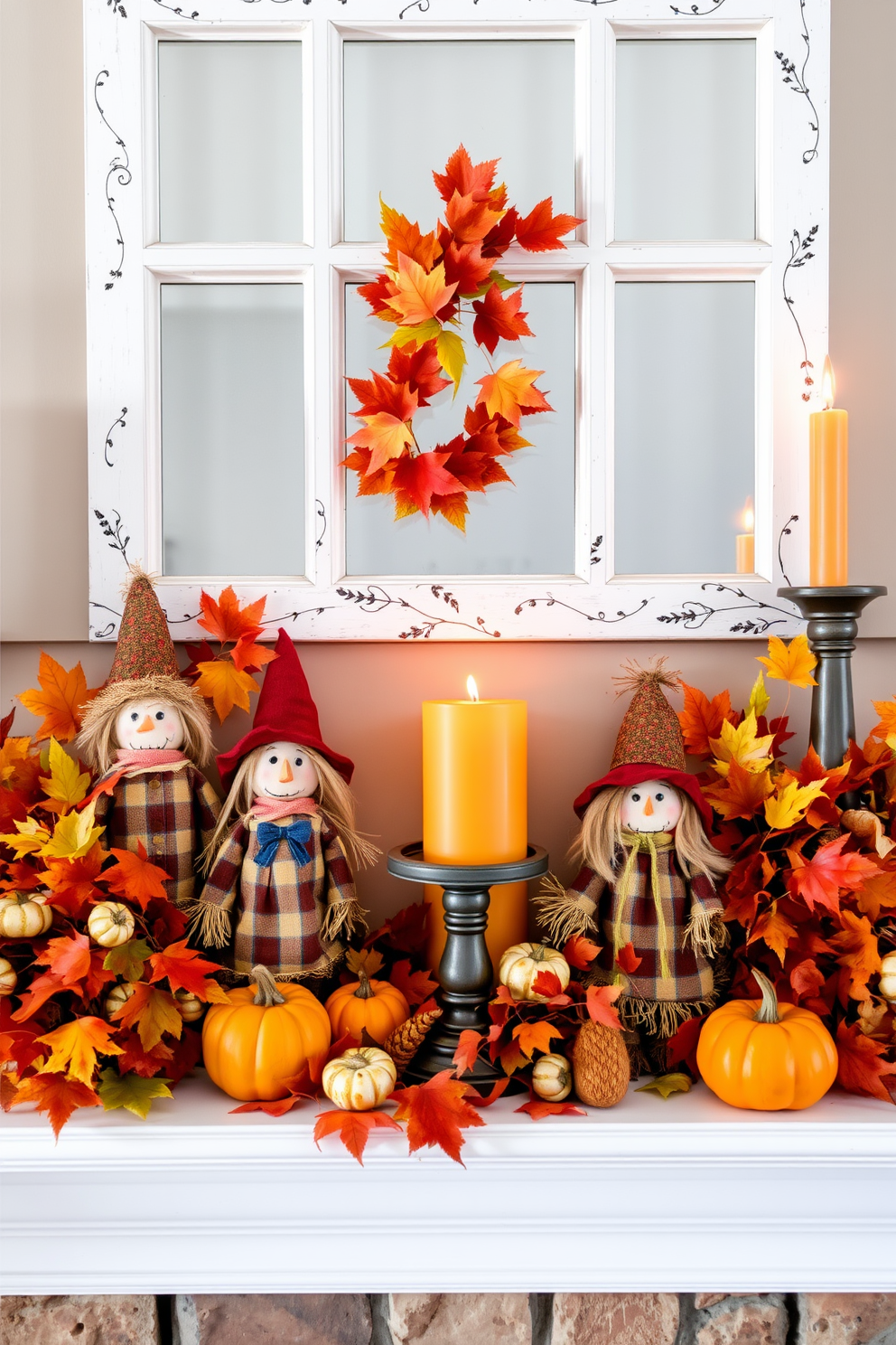 Create a cozy fall mantel adorned with miniature scarecrows that add a playful touch to the seasonal decor. Surround the scarecrows with vibrant autumn leaves, small pumpkins, and candles in warm hues to enhance the festive atmosphere.