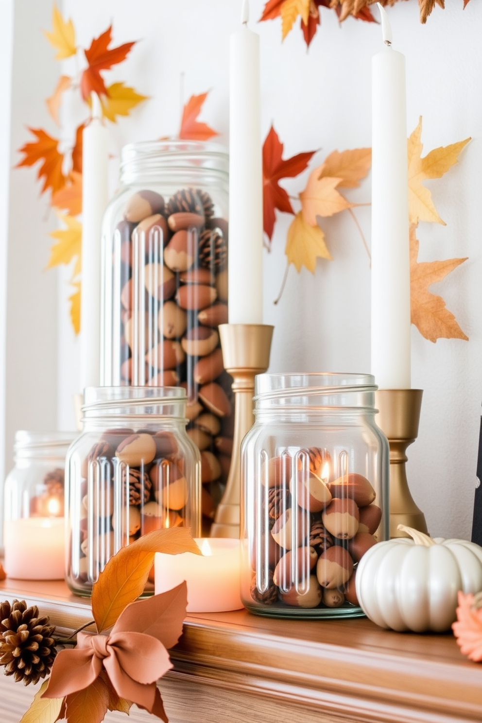 A cozy fall mantel adorned with glass jars filled with acorns and pinecones creates a warm and inviting atmosphere. The jars are arranged in a staggered formation, complemented by soft, warm-toned candles and a backdrop of autumn leaves.