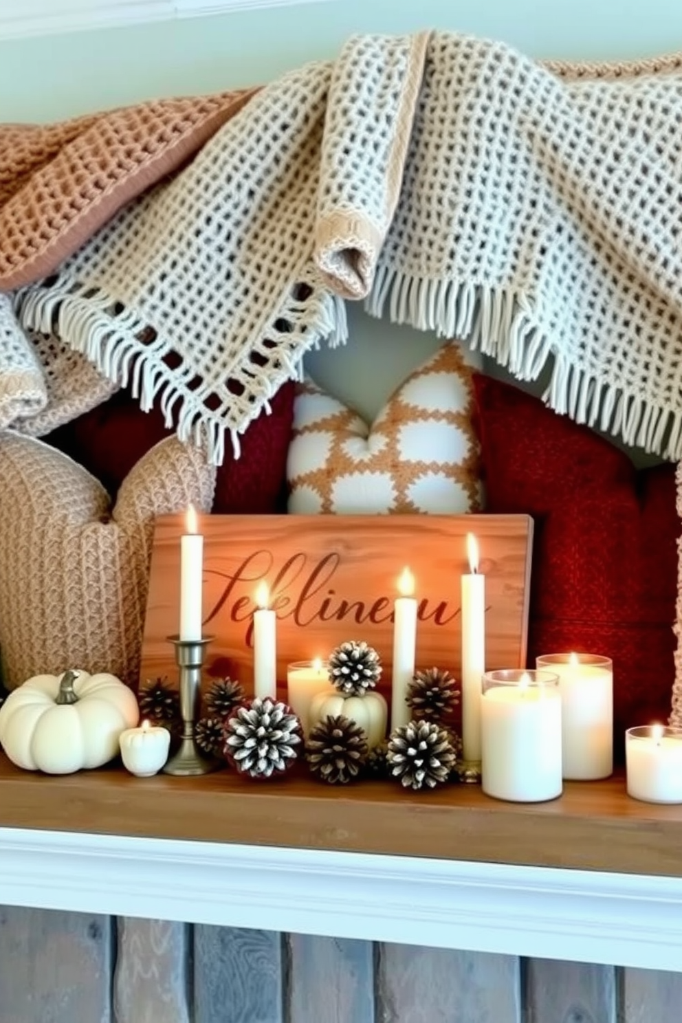 A warm and inviting fall mantel decorated with an array of layered textures and cozy fabrics. Soft knitted throws in rich autumn colors drape over the mantel, complemented by decorative pillows in varying patterns and textures. Natural elements such as small pumpkins and pinecones are artfully arranged among flickering candles of different heights. A rustic wooden sign with a seasonal greeting adds a charming touch to the overall decor.