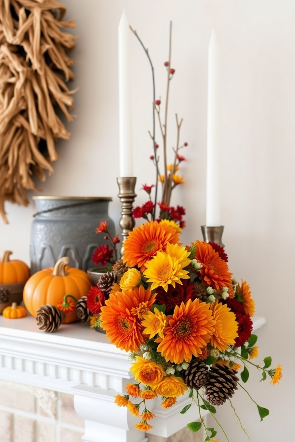 A cozy fall mantel adorned with fresh flowers in warm autumn colors creates an inviting atmosphere. The arrangement features vibrant orange, deep red, and golden yellow blooms, complemented by rustic accents like pinecones and small pumpkins.