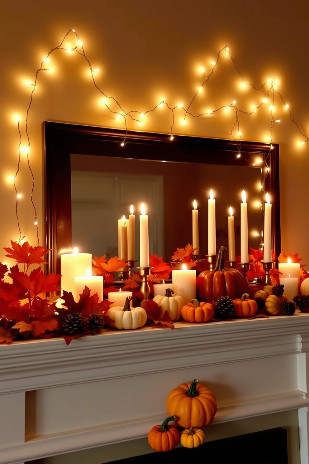 Twinkling fairy lights are draped elegantly across the mantel, casting a soft and magical glow throughout the room. Surrounding the lights, autumn leaves in rich hues of orange and gold add a seasonal touch, creating a cozy atmosphere. For fall mantel decorating ideas, a collection of small pumpkins in varying sizes and colors is artfully arranged alongside candles of different heights. Incorporating natural elements like pinecones and acorns enhances the rustic charm, inviting warmth into the space.