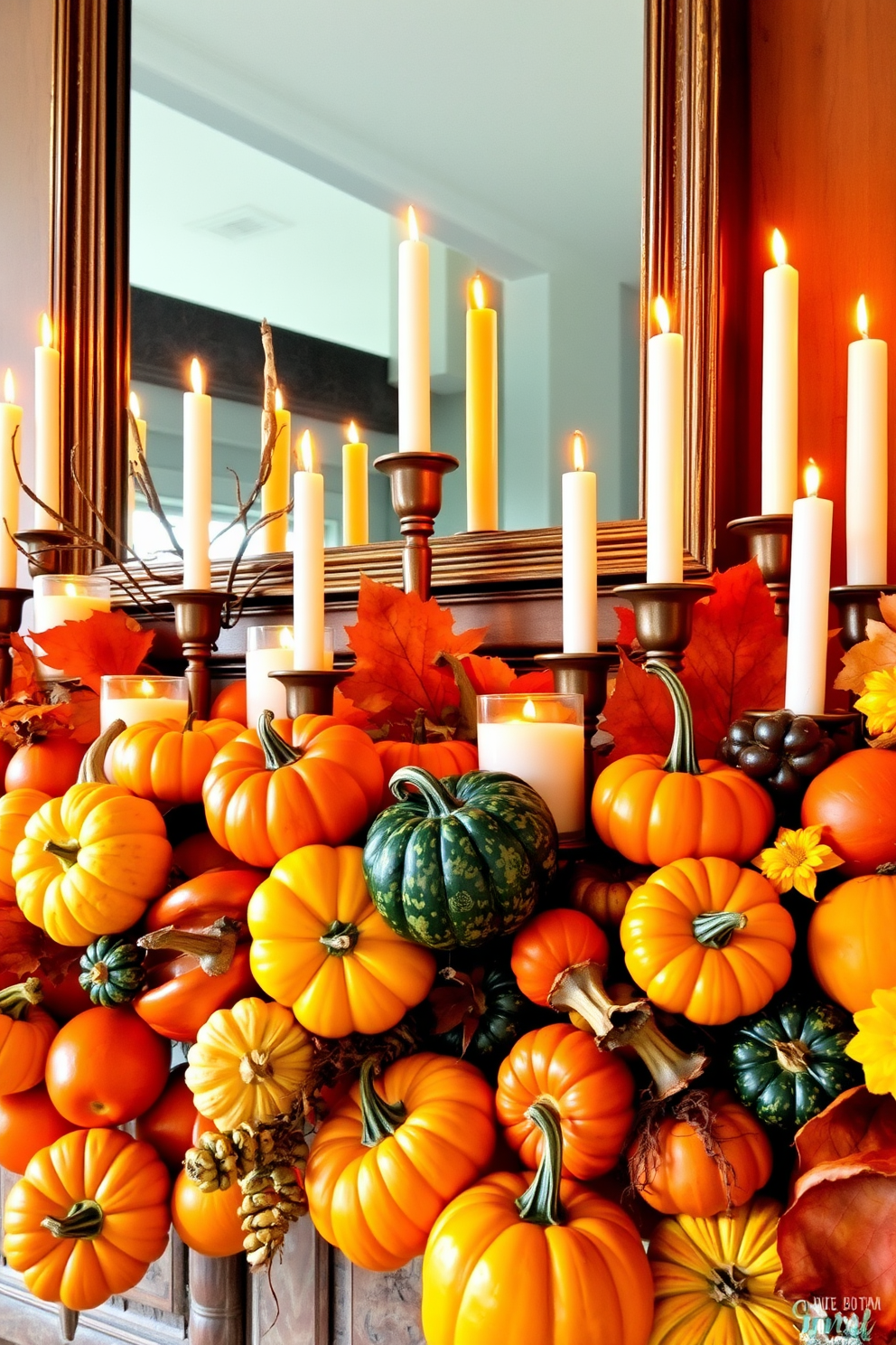 A vibrant fall mantel adorned with colorful gourds in various shapes and sizes interspersed with an array of flickering candles. The gourds are in rich autumn hues of orange, yellow, and deep green, creating a warm and inviting atmosphere.