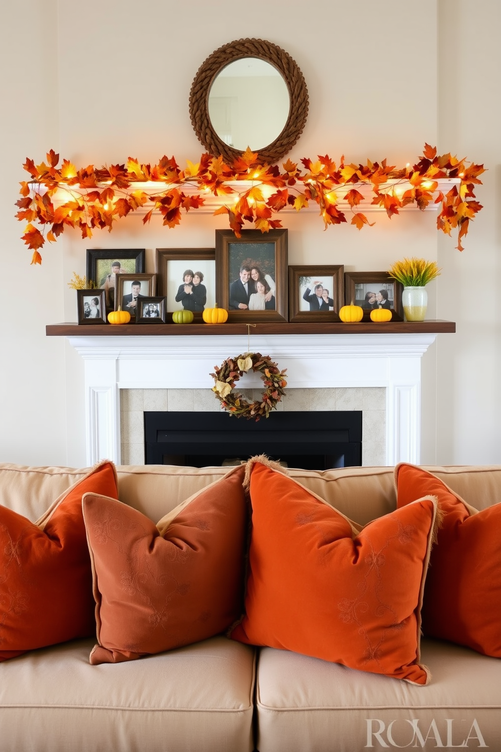 A cozy living room adorned with a fireplace mantel decorated for fall. The mantel features an array of family photos displayed in rustic frames with autumn colors, complemented by small decorative pumpkins and seasonal foliage. Above the mantel, a warm garland of leaves and twinkling lights adds a festive touch. Plush throw pillows in rich oranges and browns are arranged on the sofa, creating an inviting atmosphere perfect for family gatherings.