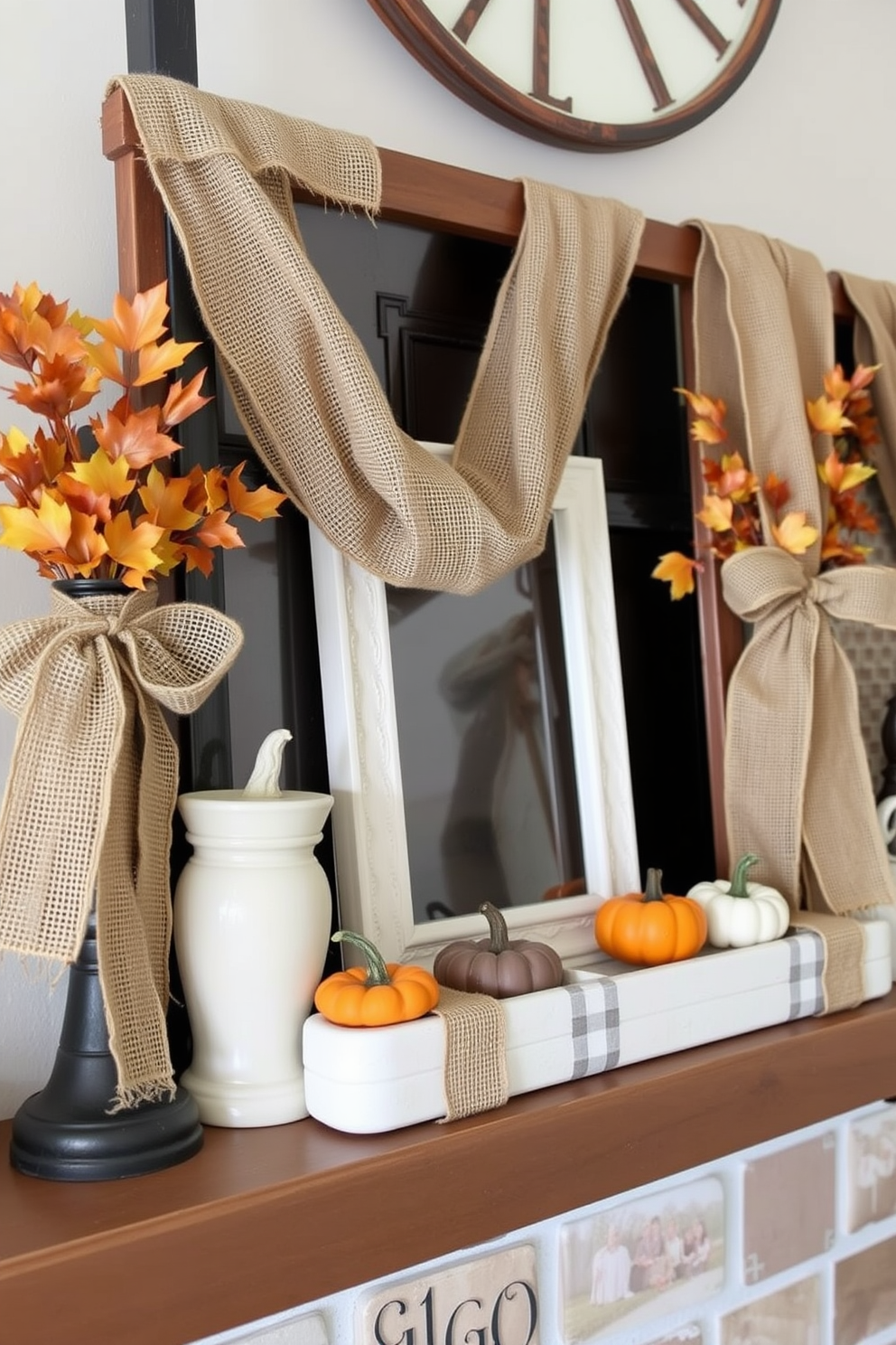 A cozy fall mantel adorned with burlap ribbons tied around rustic decor items. The warm tones of autumn leaves and small pumpkins complement the natural texture of the burlap, creating an inviting atmosphere.