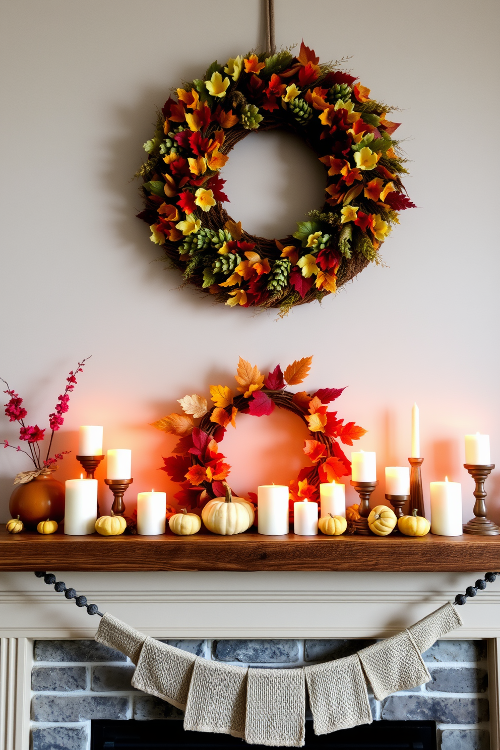 A large statement piece like a wreath hangs prominently above the mantel, showcasing vibrant autumn colors and natural elements. The mantel is adorned with an assortment of candles and small pumpkins, creating a warm and inviting focal point for the fall season.