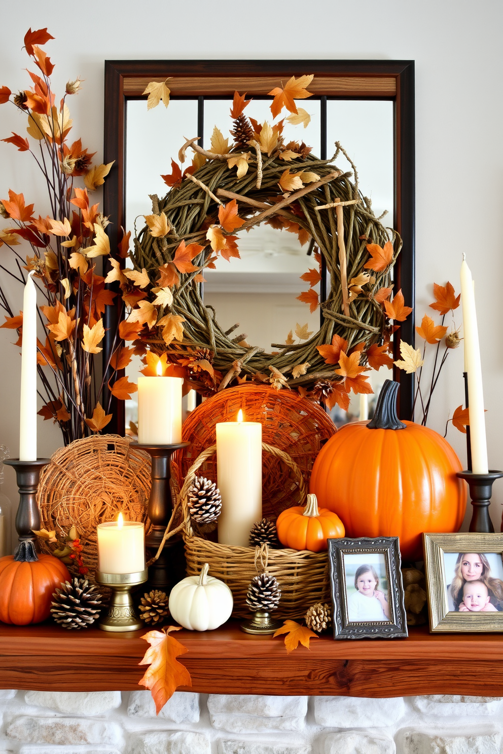 A cozy fall mantel adorned with handmade crafts. Natural elements like dried leaves and pinecones are artfully arranged alongside handcrafted candles and woven baskets. Warm hues of orange and gold create a welcoming atmosphere. A few personal touches, such as family photos in rustic frames, enhance the charm of the display.