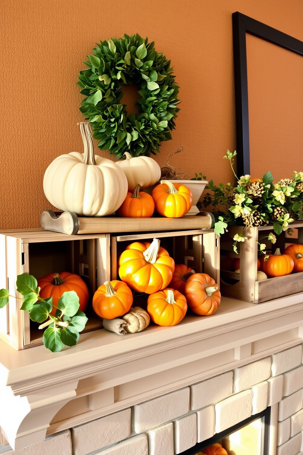 A cozy fall mantel decorated with rustic wooden crates filled with vibrant pumpkins in various sizes and colors. The backdrop features a warm, textured wall, and soft golden light casts a gentle glow over the arrangement.