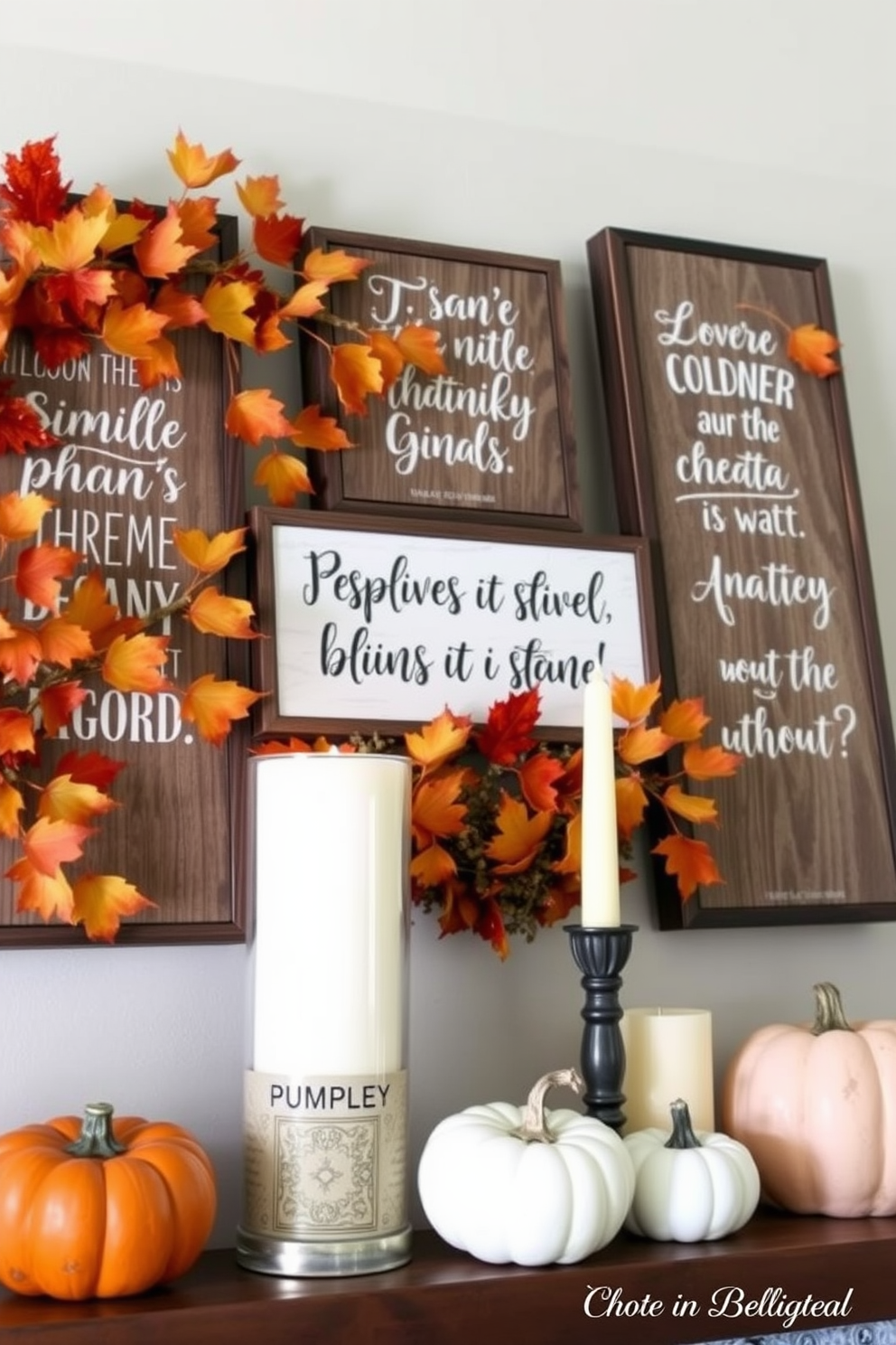 A cozy fall mantel adorned with seasonal quotes displayed on rustic wooden signs. The warm hues of orange and gold from the autumn leaves complement the soft glow of candles placed amongst decorative pumpkins.