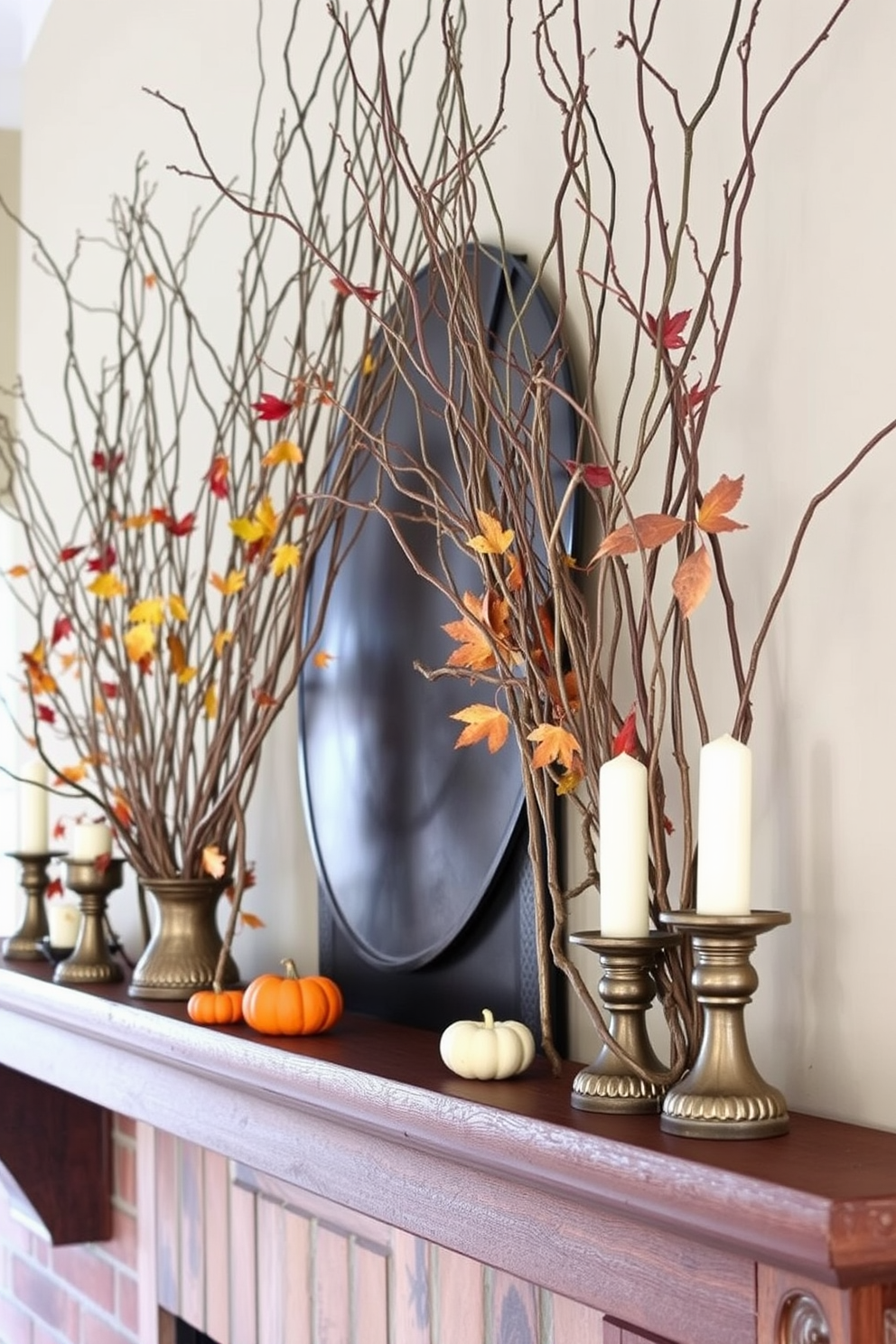 A fall mantel decorated with natural branches creates an inviting and warm atmosphere. The branches are arranged in varying heights, interspersed with small pumpkins and autumn leaves for a seasonal touch.