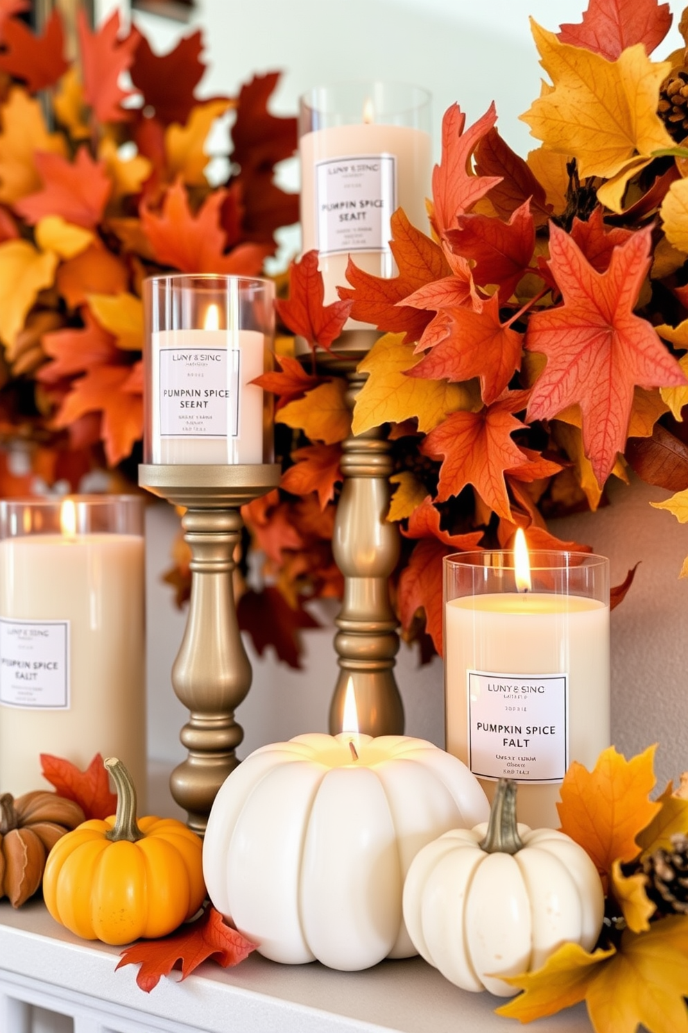 A cozy fall mantel adorned with pumpkin spice scented candles creating a warm and inviting atmosphere. The candles are arranged alongside autumn-themed decorations like small pumpkins and colorful leaves, enhancing the seasonal charm.