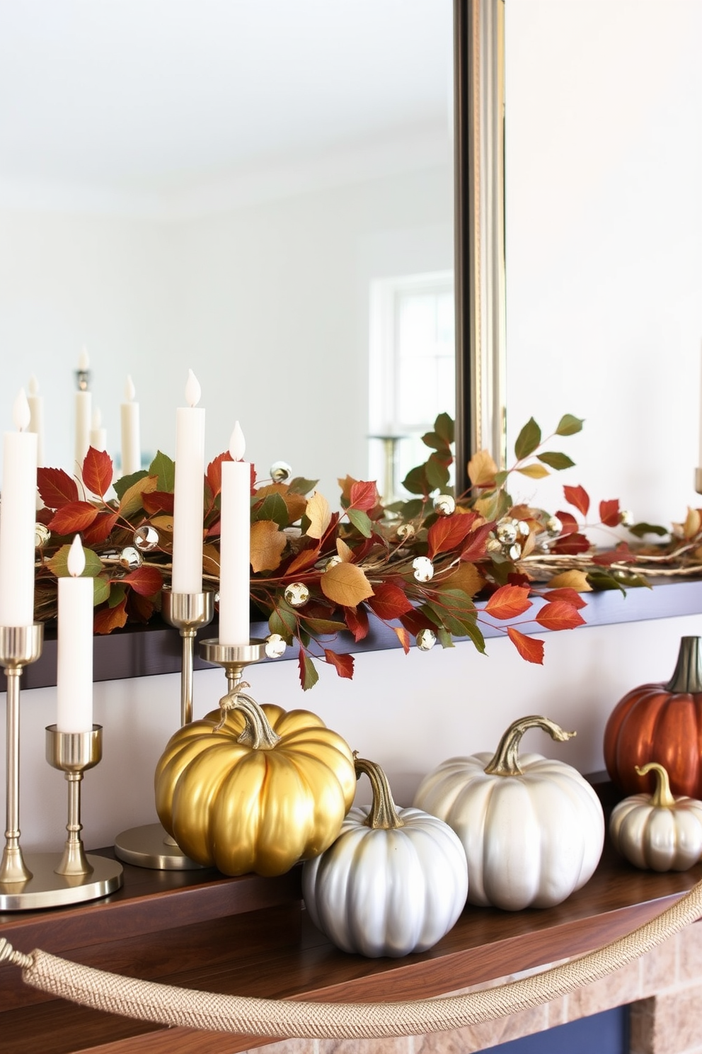 A stylish fall mantel adorned with metallic accents creates a modern focal point. Incorporate sleek candle holders and a metallic garland intertwined with seasonal foliage for a chic look. Layer various textures by adding a metallic-framed mirror above the mantel. Complete the design with a mix of decorative pumpkins in metallic finishes for a sophisticated autumn touch.