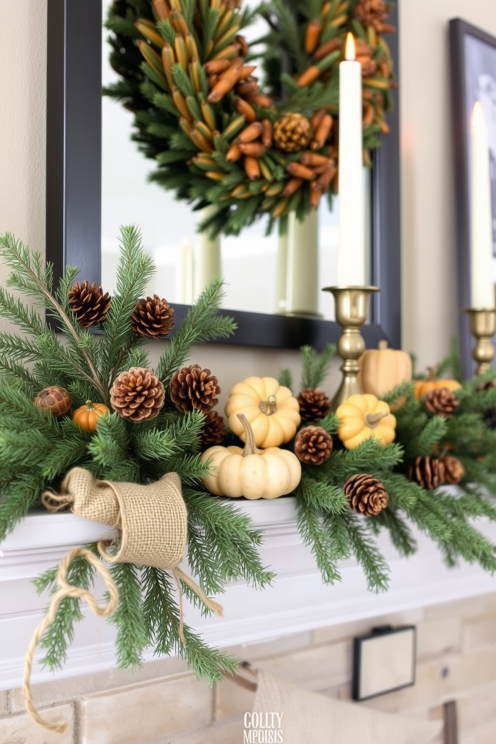 A cozy fall mantel decorated with pine branches creates a rustic atmosphere. The mantel is adorned with various pine cones and warm-toned candles to enhance the seasonal charm. Natural elements like burlap and twine are used to wrap around the pine branches for added texture. A few small pumpkins in earthy colors are placed strategically to complement the greenery.