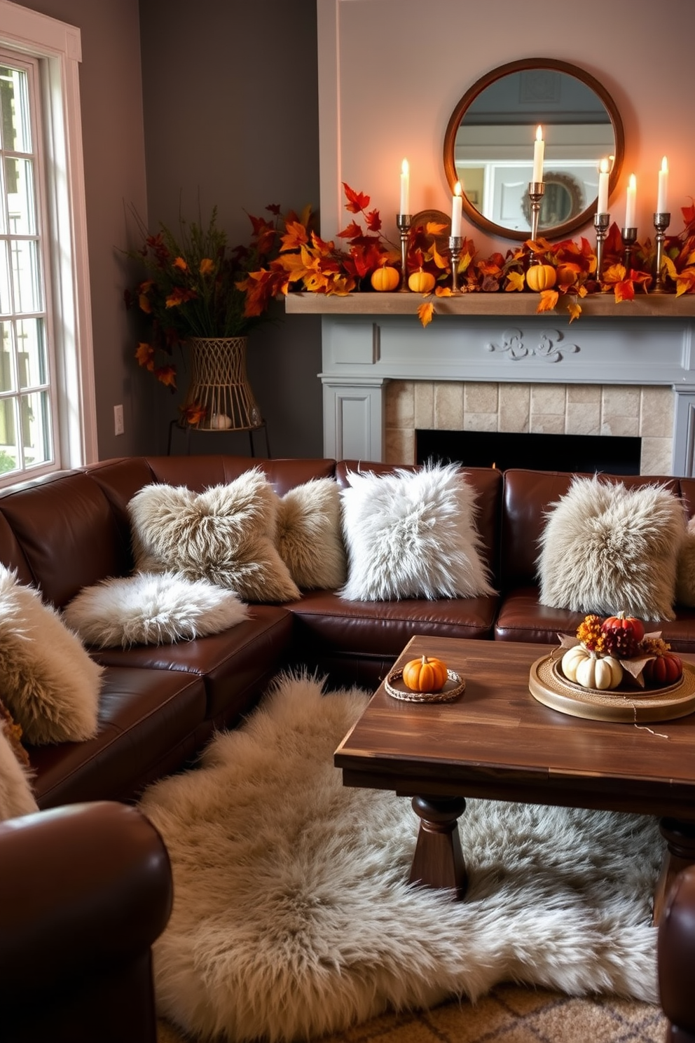 A cozy living room adorned with faux fur accents. Plush faux fur throw pillows are scattered across a deep brown leather sofa, and a soft faux fur rug lies beneath a rustic coffee table. The mantel is beautifully decorated for fall, featuring a mix of vibrant autumn leaves and small pumpkins. Elegant candlesticks with warm candlelight add a touch of sophistication to the seasonal display.