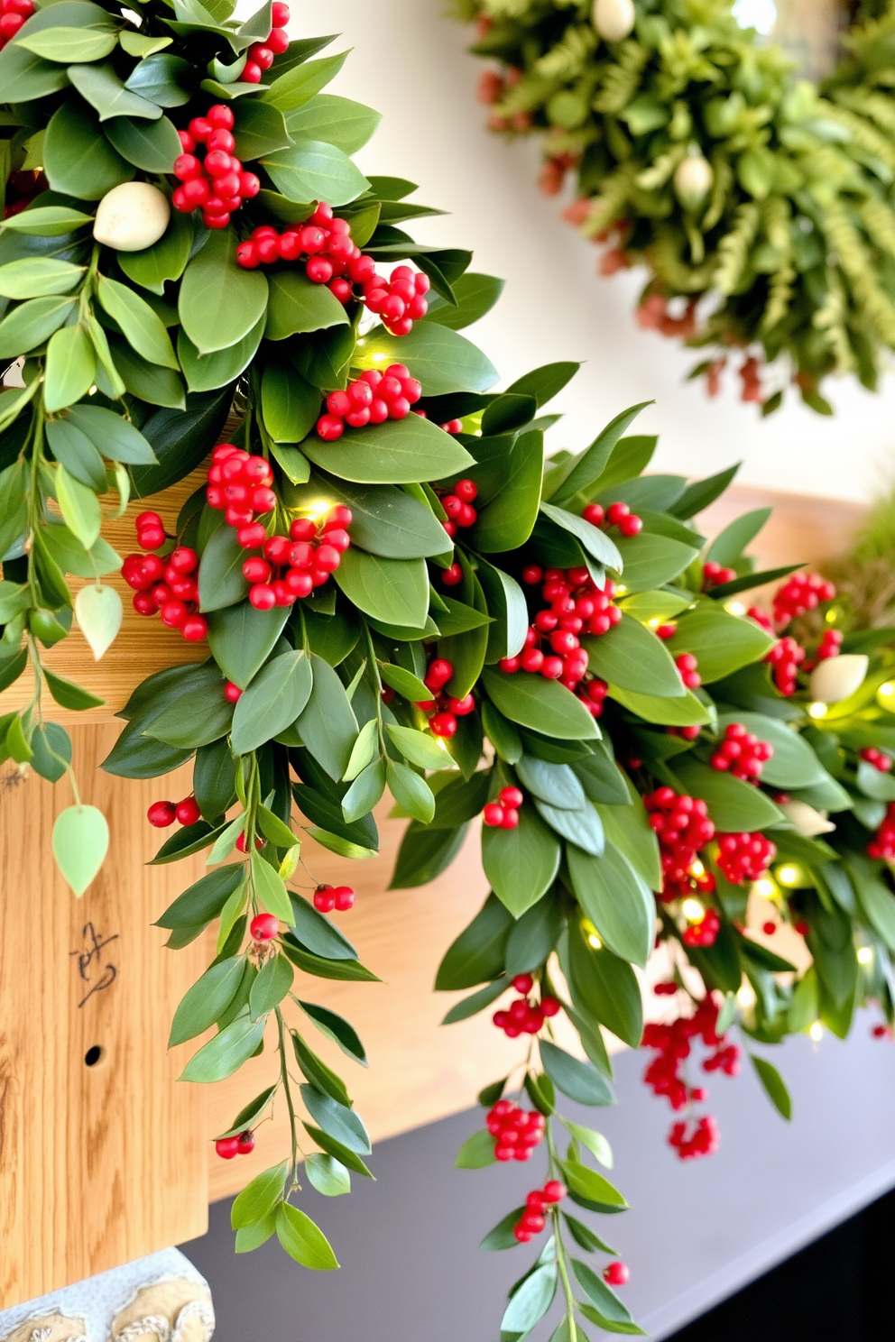 Layered garlands of rich green leaves and vibrant red berries drape elegantly across a rustic wooden mantel. Soft white lights twinkle amidst the foliage, creating a warm and inviting atmosphere perfect for autumn gatherings.