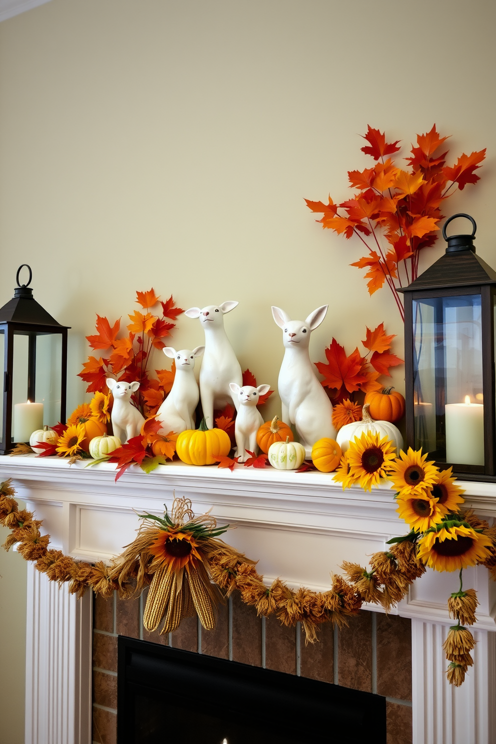 A collection of ceramic animals is artfully arranged on a mantel, adding a touch of whimsy to the autumn decor. Surrounding the animals are vibrant fall leaves and small pumpkins, creating a cozy and inviting atmosphere. The mantel is adorned with a garland of dried corn and sunflowers, enhancing the seasonal charm. Soft candlelight flickers from rustic lanterns placed on either side, casting a warm glow over the festive display.