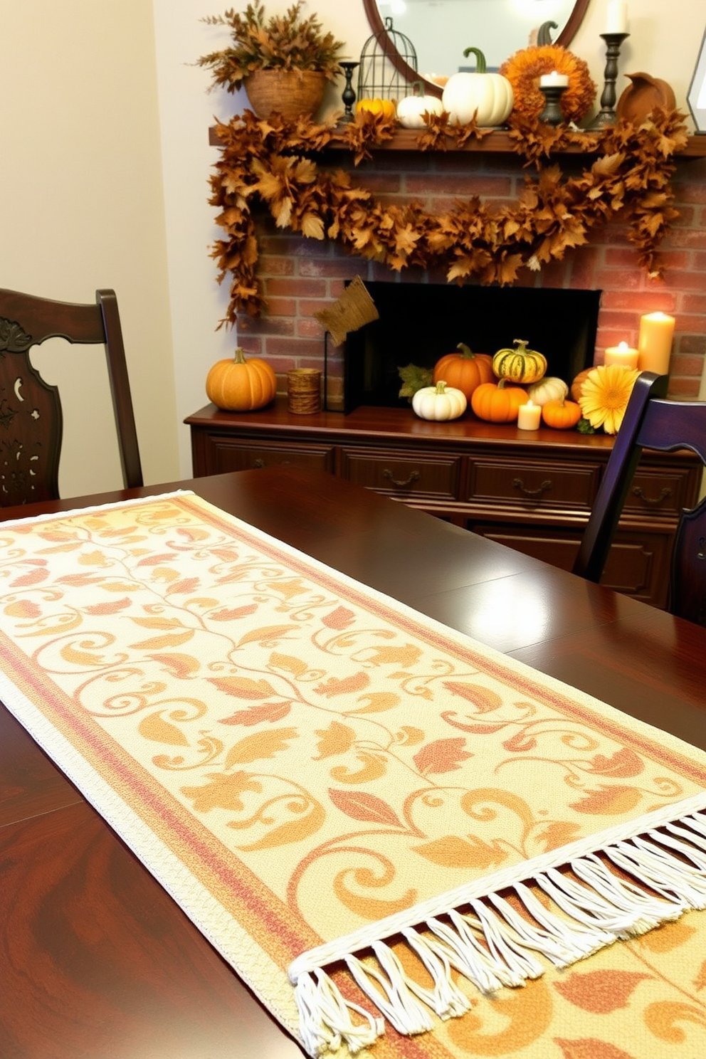 Seasonal table runners bring warmth and texture to any dining setting. Imagine a table adorned with a rich, earthy-toned runner showcasing intricate leaf patterns and soft fringes. For fall mantel decorating ideas, envision a cozy display featuring a mix of pumpkins in varying sizes and colors. Add in warm candlelight and garlands of dried leaves to create an inviting autumn atmosphere.