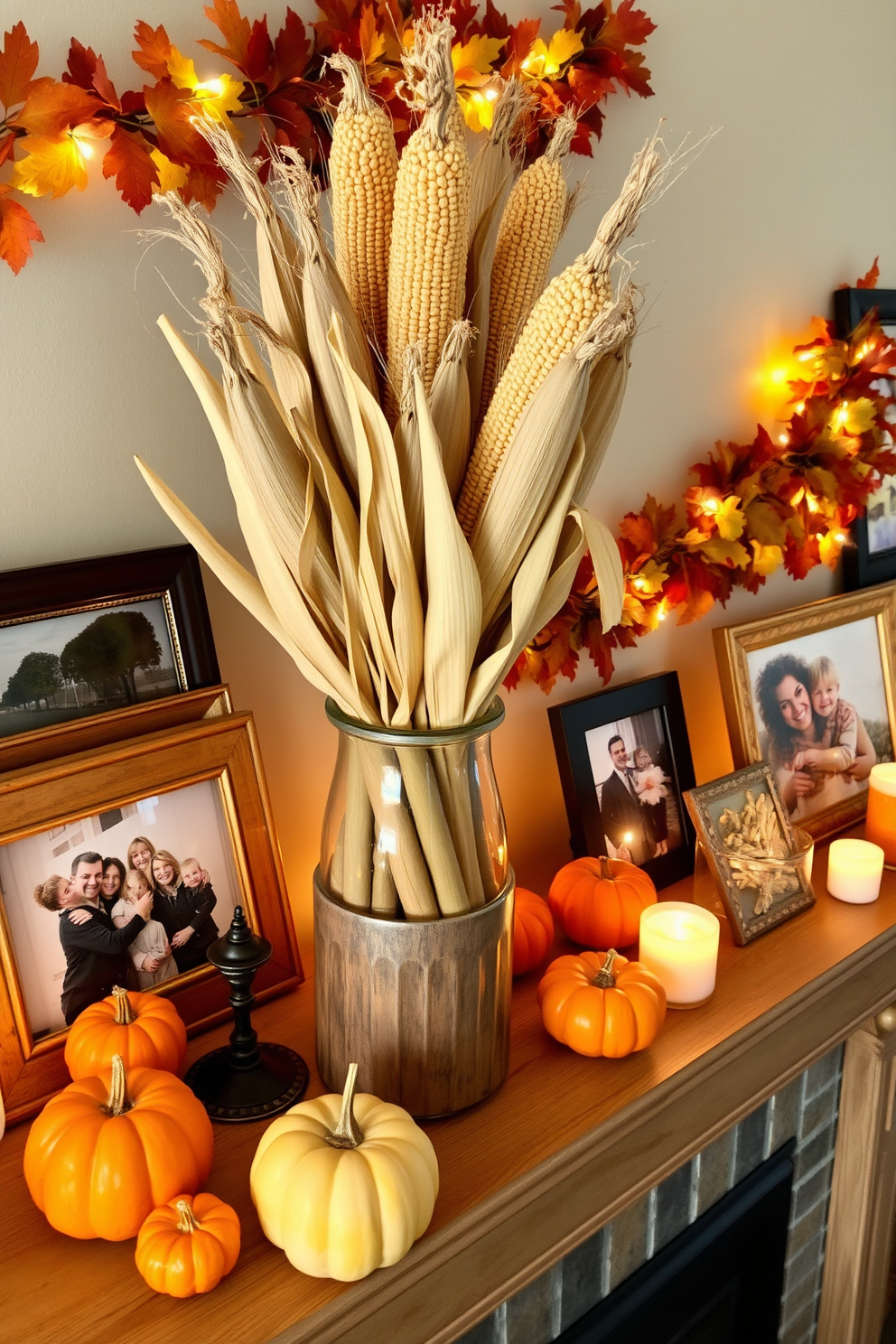 Dried corn husks are elegantly arranged in a rustic vase, showcasing their natural textures and warm tones. The vase is placed on a wooden mantel, surrounded by small pumpkins and candles to create a cozy autumn ambiance. The fall mantel is adorned with a garland of colorful leaves and twinkling fairy lights, adding a festive touch. A few framed family photos and seasonal decor pieces are artfully arranged to complete the inviting display.