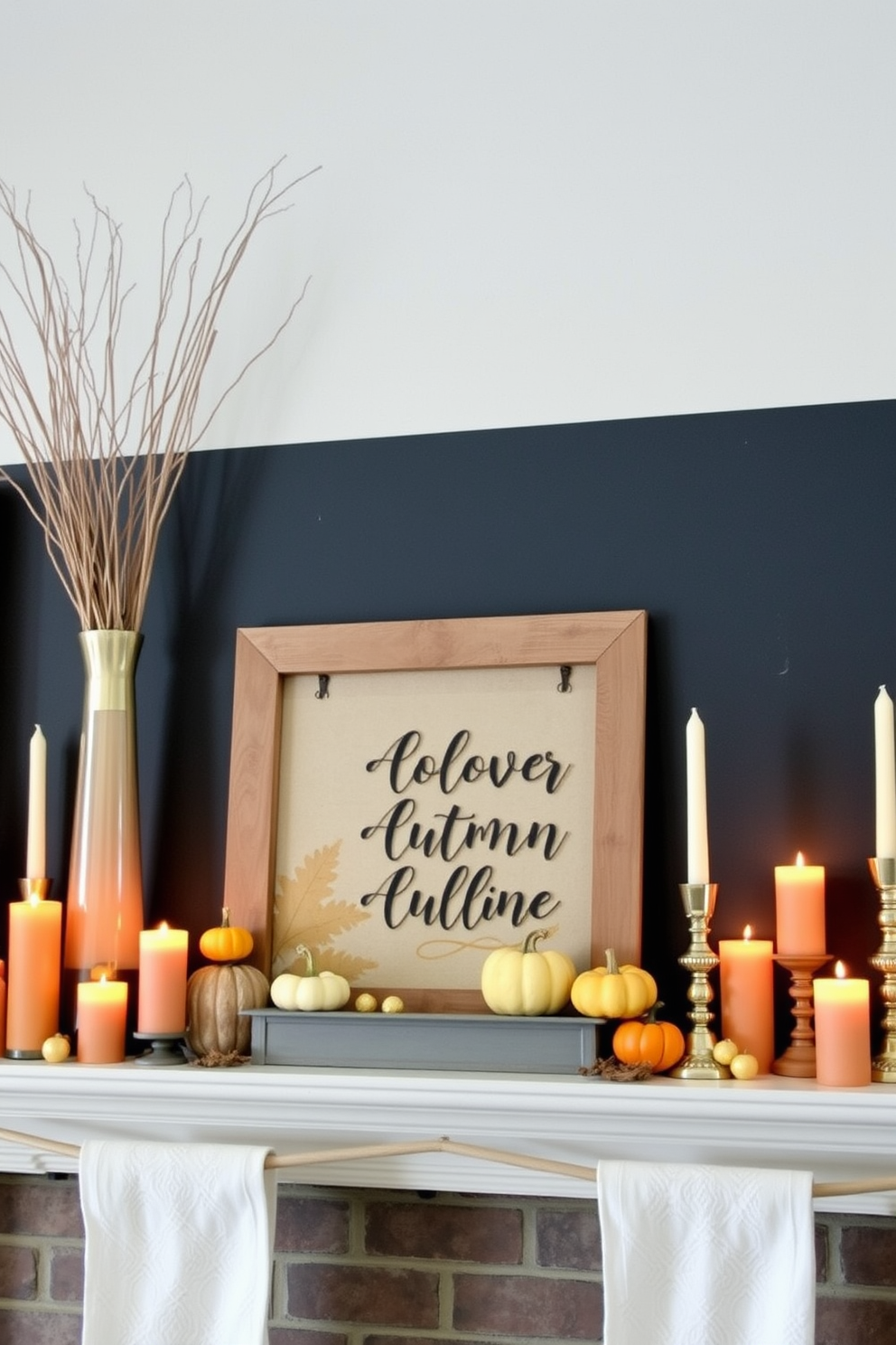 A beautifully styled fall mantel features a mix of tall and short decor pieces that create visual interest. On one end, a slender vase filled with dried branches stands tall, while on the other, a cluster of small pumpkins adds a charming touch. In the center, a rustic wooden sign with autumn-themed lettering complements the seasonal decor. Surrounding these focal points, warm-toned candles of varying heights provide a cozy ambiance, enhancing the overall fall aesthetic.