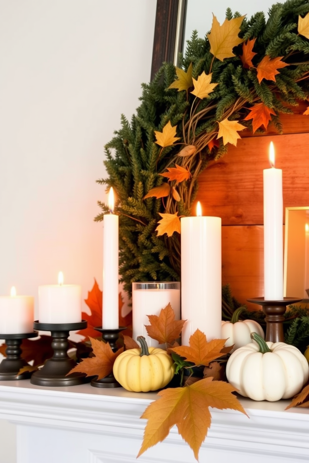 Create a cozy fall mantel decorated with candles of varying heights. Arrange the candles alongside seasonal elements like small pumpkins and autumn leaves for a warm ambiance.