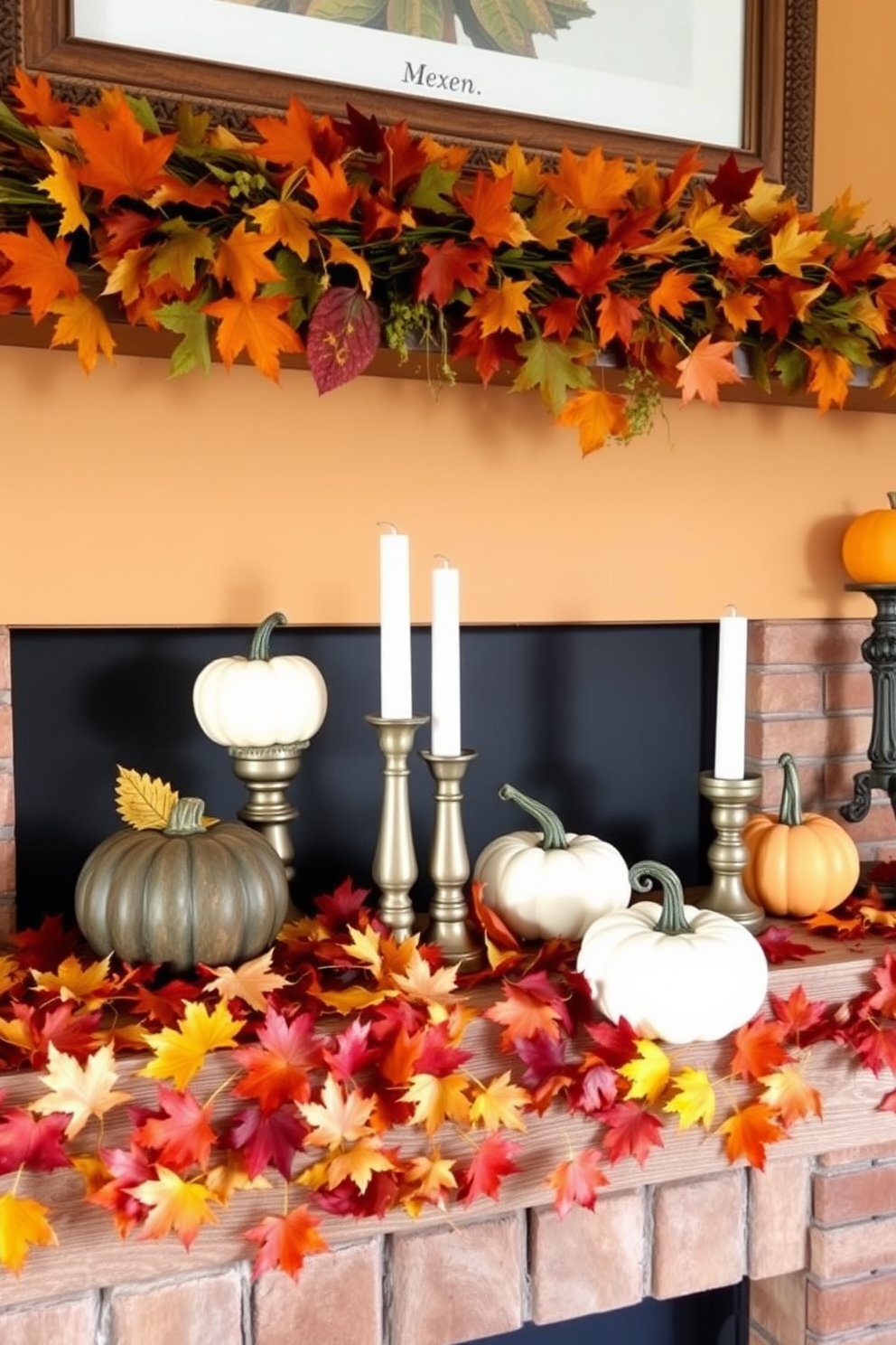 A cozy fall mantel adorned with vibrant autumn leaves scattered across a rustic wooden surface. The backdrop features a warm, neutral-colored wall, and an assortment of decorative pumpkins and candles in varying heights complements the seasonal theme.