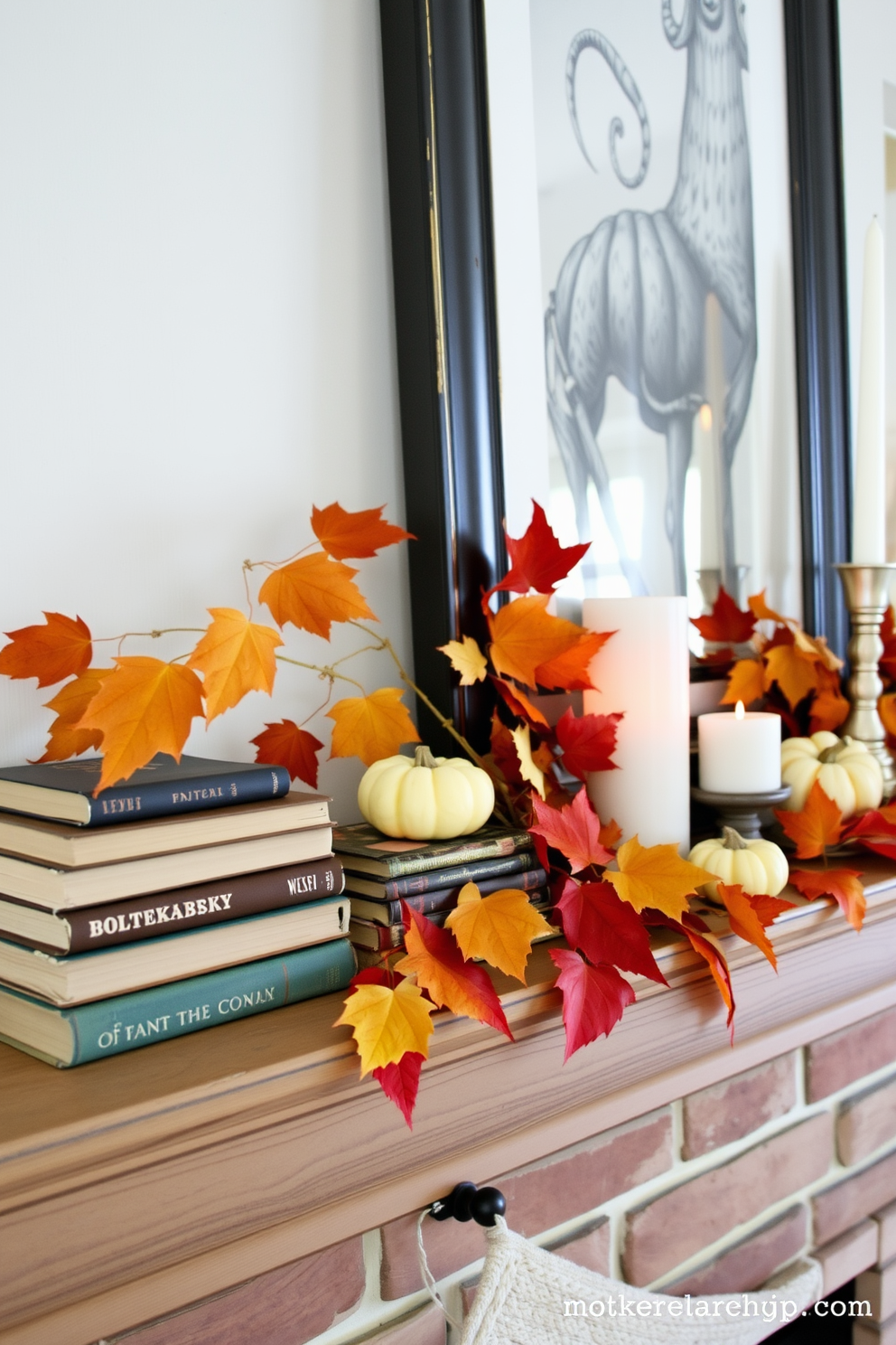 A cozy fall mantel adorned with vintage books stacked neatly beside decorative items like small pumpkins and candles. The warm hues of autumn leaves complement the rustic wooden mantel, creating a welcoming atmosphere.