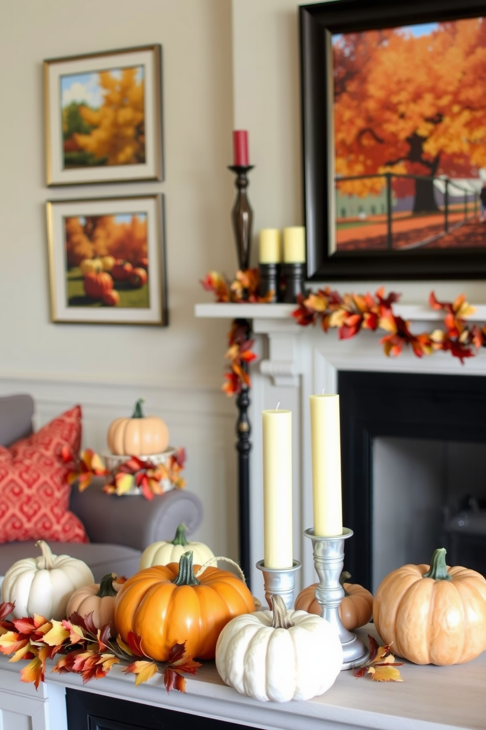 A cozy living room adorned with seasonal artwork reflecting the colors of fall. The mantel is decorated with an array of pumpkins in varying sizes, complemented by warm-toned candles and a garland of autumn leaves.