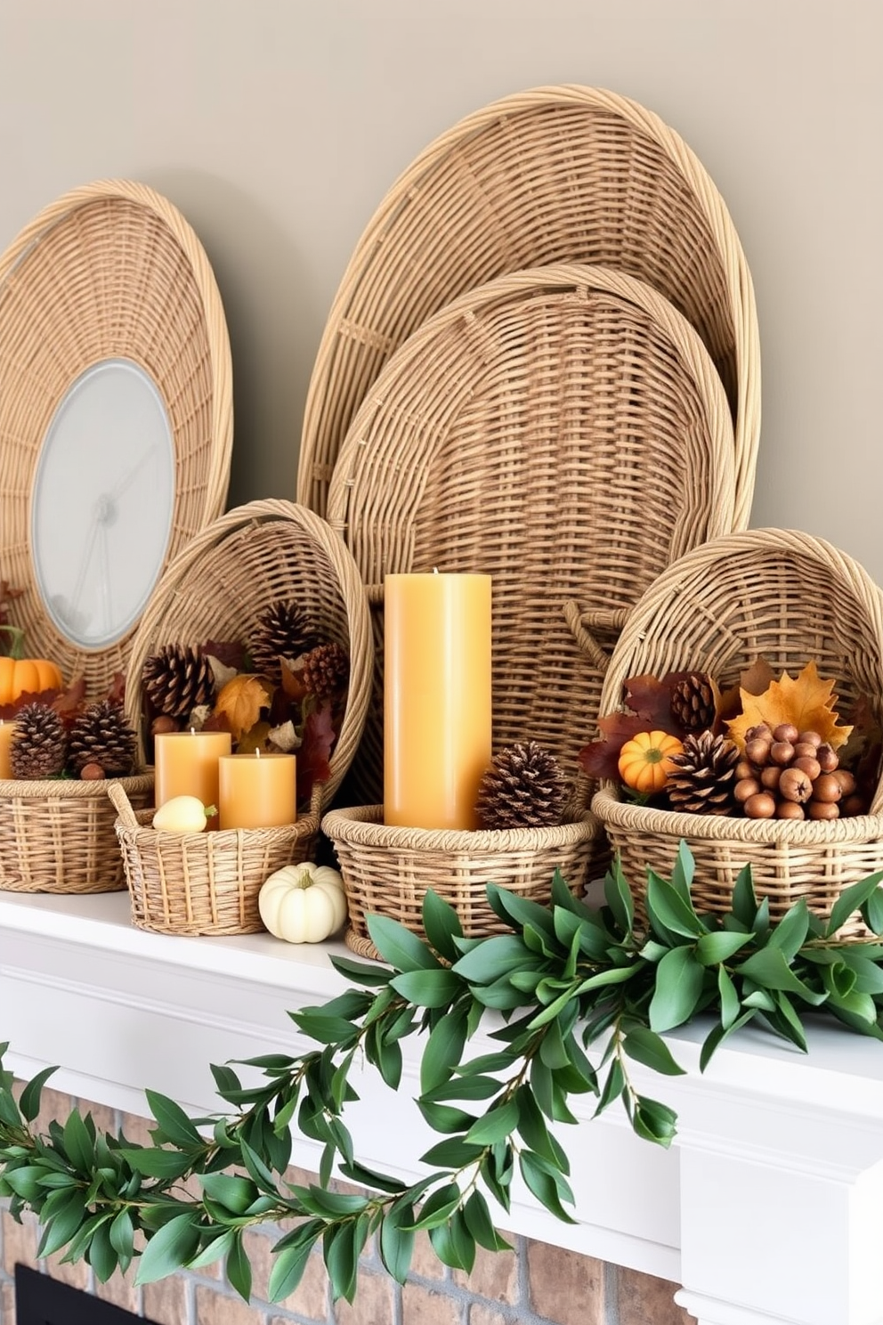 Woven baskets filled with natural elements create a cozy and inviting atmosphere. Arrange various sizes of baskets on your mantel, each filled with pinecones, acorns, and dried leaves for a seasonal touch. Incorporate warm-toned candles and small pumpkins alongside the baskets to enhance the fall theme. Add a garland of faux foliage draped across the mantel for a cohesive and festive look.