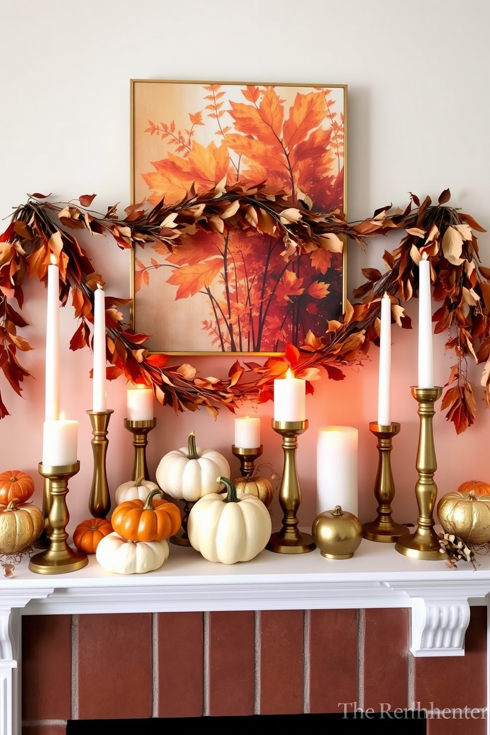 A cozy fall mantel adorned with gold and copper accents creates a warm and inviting atmosphere. The mantel features a mix of decorative pumpkins in shades of orange and white, interspersed with shimmering metallic candle holders. Above the mantel, a beautiful piece of art showcases autumnal hues, while garlands of dried leaves drape elegantly across the top. Soft, ambient lighting from the candles enhances the richness of the gold and copper elements, making the space feel both elegant and seasonal.