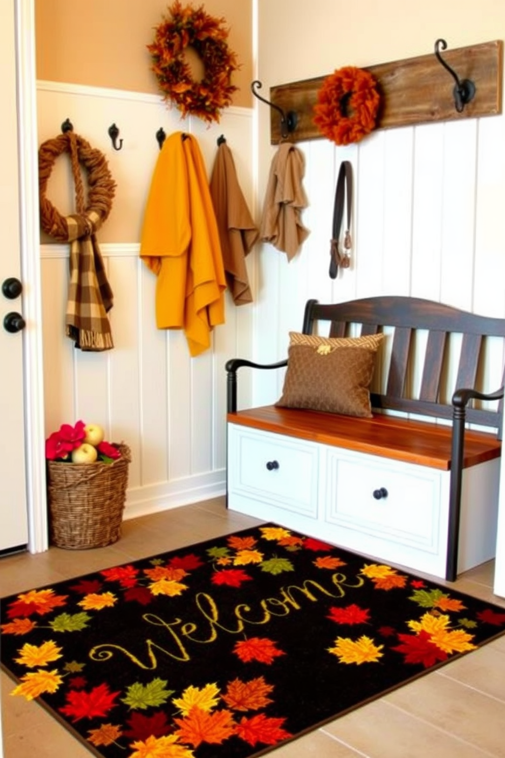 A welcoming mudroom adorned with a fall-themed welcome mat featuring vibrant autumn leaves. The space is enhanced by warm-toned decor, including a rustic bench and hooks for coats, creating an inviting atmosphere.