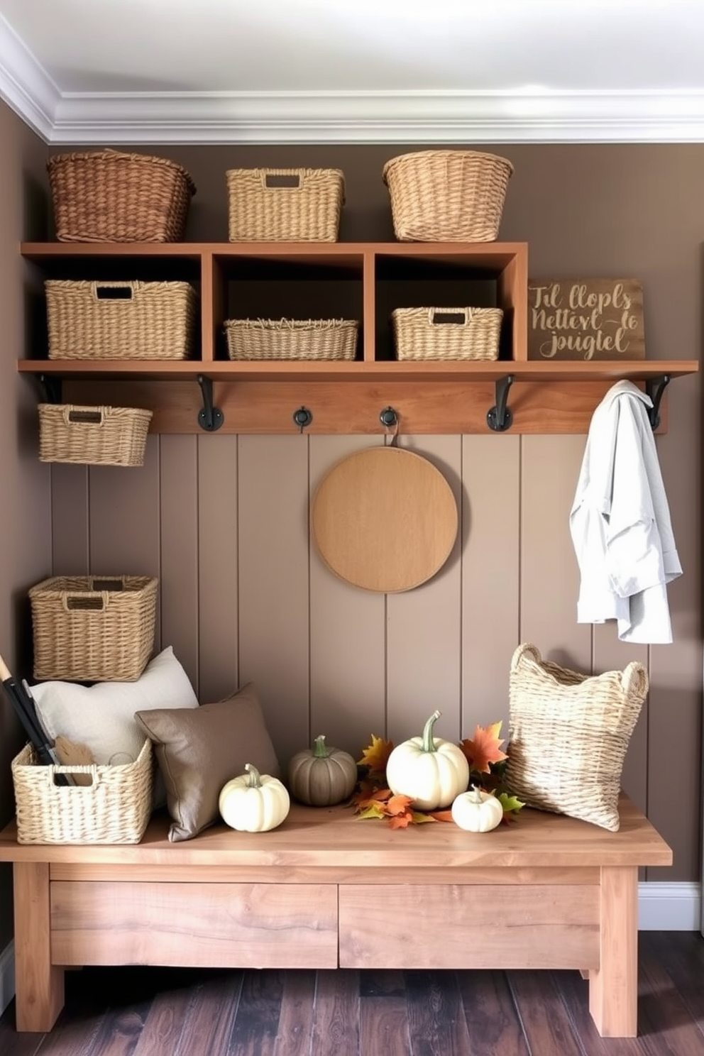 A cozy mudroom filled with decorative baskets for organizing essentials. The baskets are woven in natural fibers and come in various sizes, neatly arranged on wooden shelves. The walls are painted in a warm taupe hue, complemented by a rustic bench made of reclaimed wood. A collection of seasonal decor items, such as pumpkins and autumn leaves, adds a festive touch to the space.