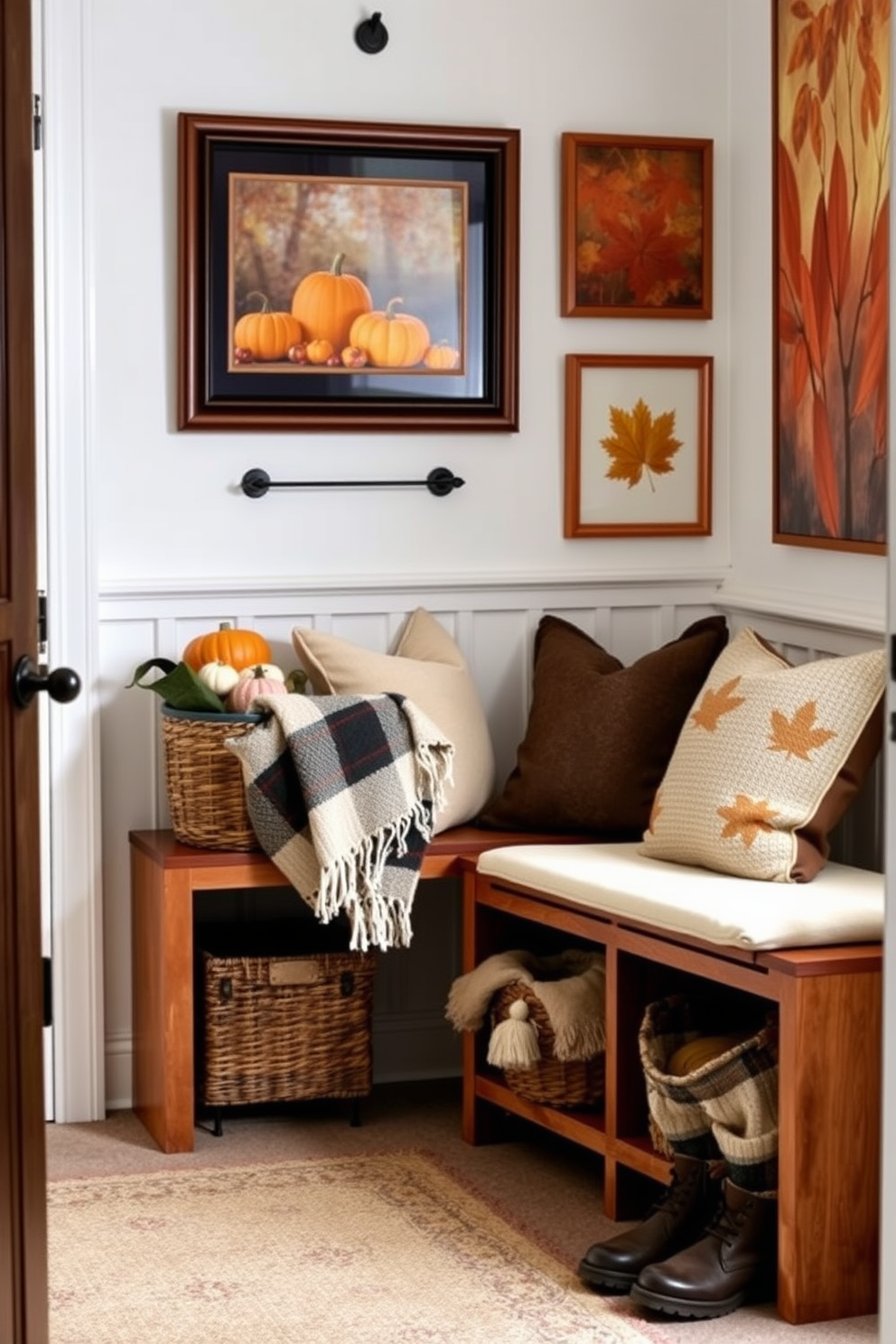 A cozy mudroom adorned with fall-themed artwork on the walls. The artwork features warm colors and seasonal motifs, creating an inviting atmosphere. The space includes a wooden bench with plush cushions, perfect for putting on shoes. Baskets filled with cozy blankets and seasonal decor are neatly arranged for a touch of warmth and functionality.