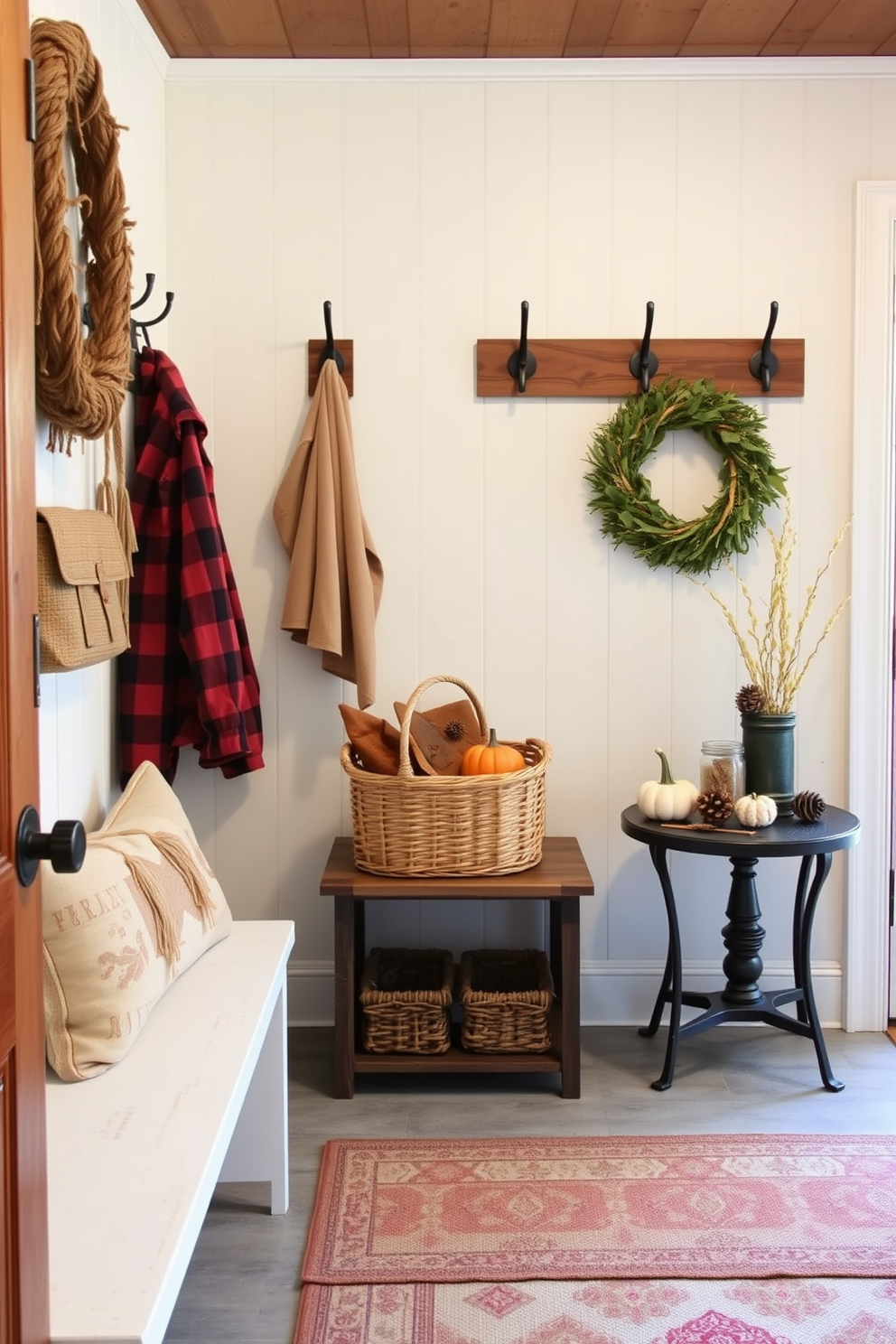 A cozy mudroom adorned with rustic decor. There are wooden hooks on the wall for hanging coats and a woven basket filled with cinnamon-scented potpourri placed on a bench. The floor is covered with a durable, patterned rug that complements the autumn theme. A small table displays seasonal decorations, including pumpkins and pinecones, enhancing the inviting atmosphere.