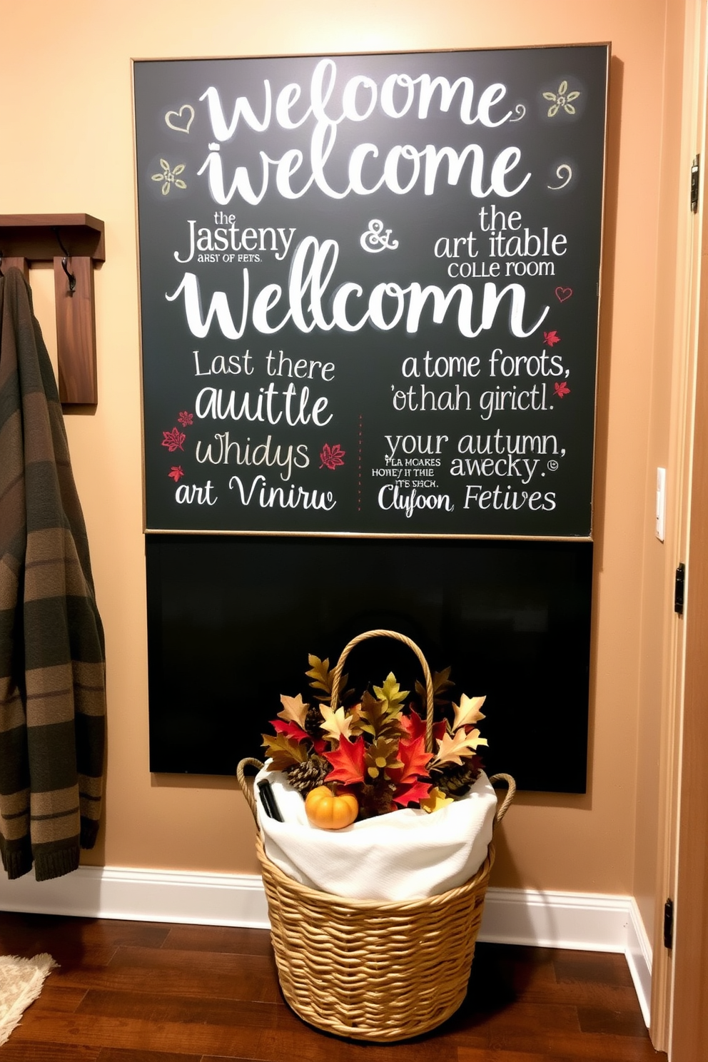 Chalkboard sign adorned with autumn-themed quotes welcoming guests into a cozy mudroom. The space features warm tones with rustic wooden hooks for hanging jackets and a woven basket filled with seasonal decor.