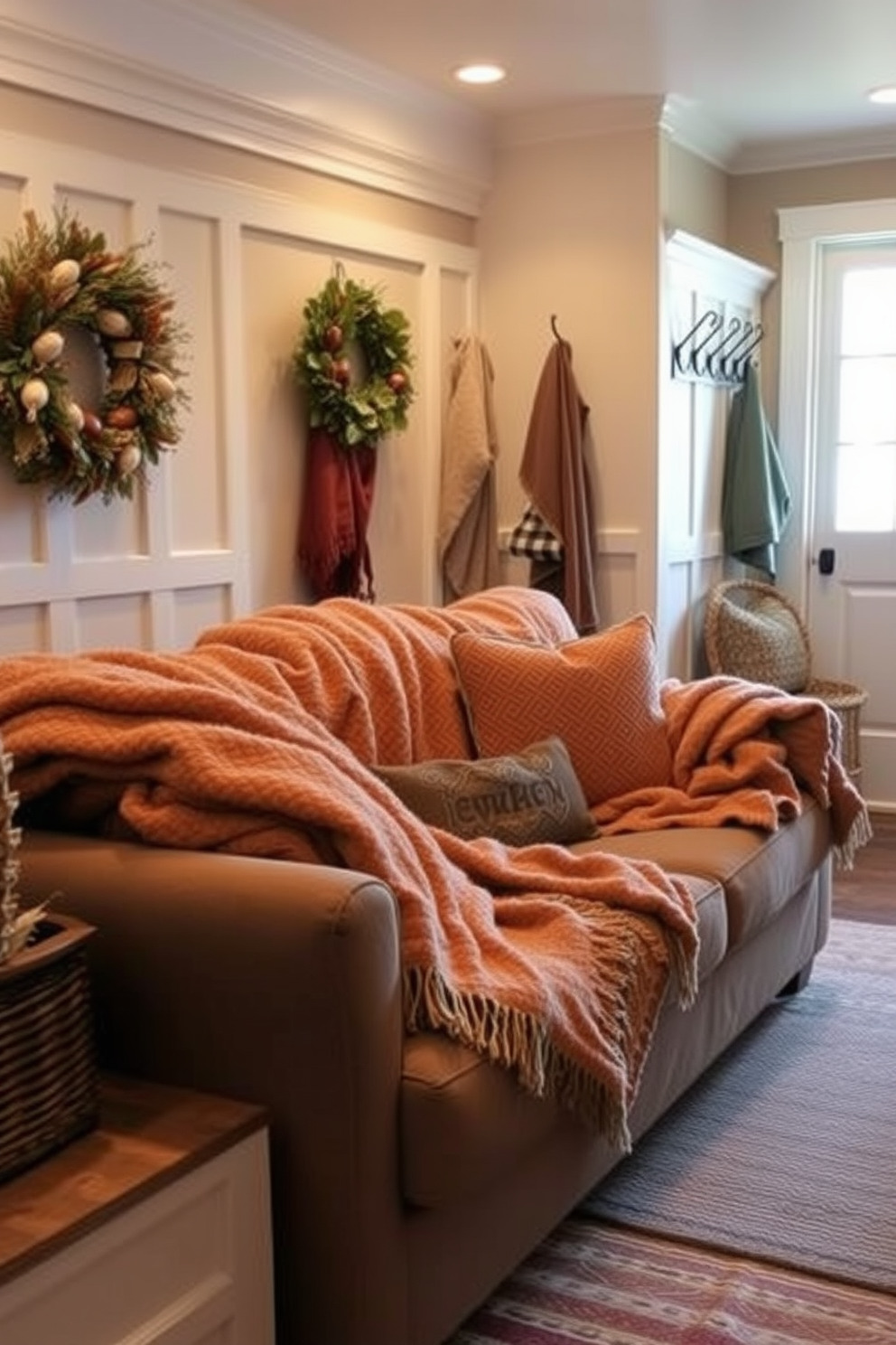 Layered blankets are artfully arranged on a plush sofa, creating an inviting and cozy seating area perfect for relaxation. The warm tones of the blankets complement the soft lighting, enhancing the overall atmosphere of comfort and style. The mudroom features a functional design with built-in storage benches and hooks for coats, creating an organized space. Earthy colors and natural materials are used throughout, with decorative elements like seasonal wreaths adding a touch of charm.