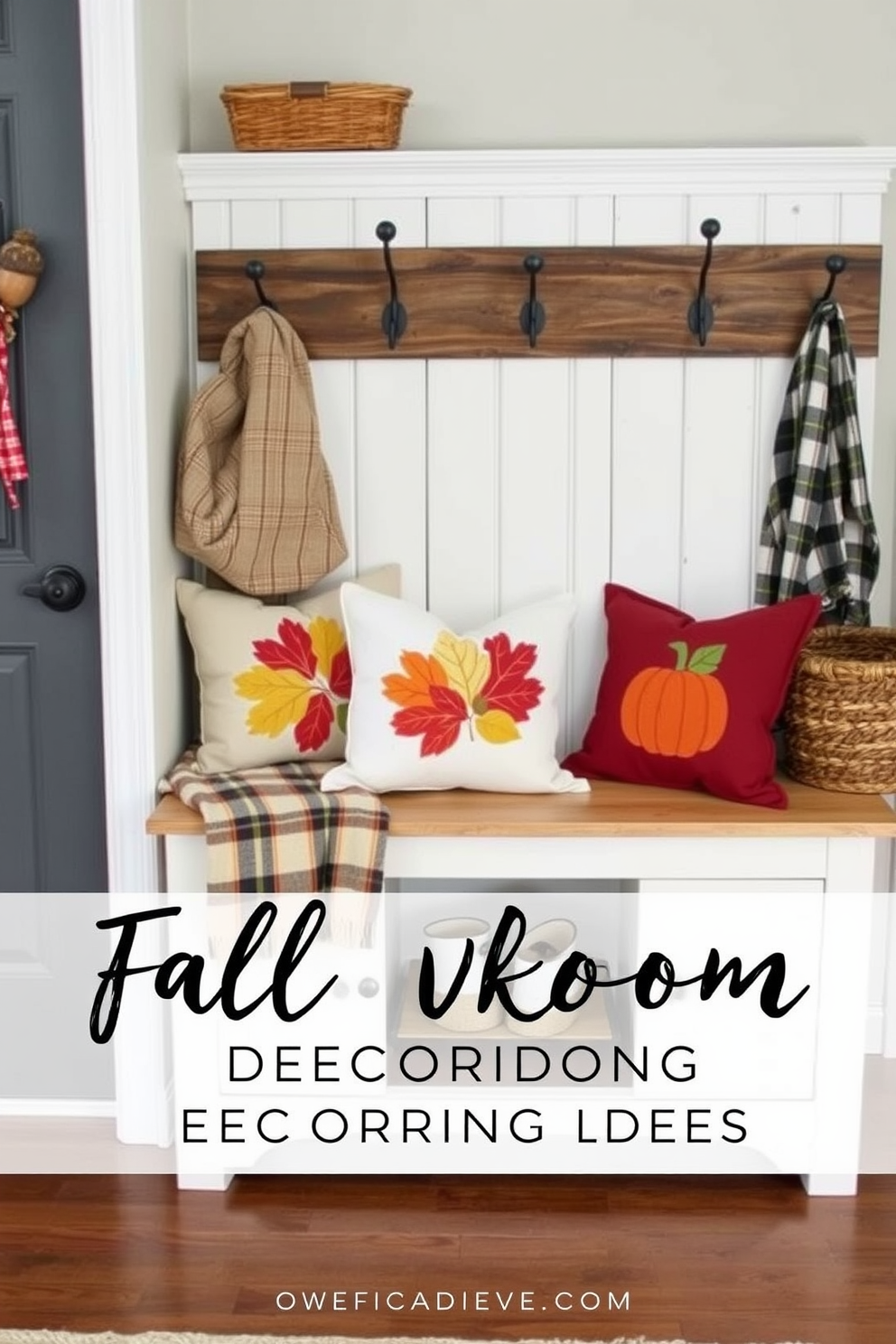 Seasonal throw pillows with fall motifs. The pillows feature warm colors like burnt orange, deep red, and golden yellow, adorned with designs of leaves, pumpkins, and acorns. Fall mudroom decorating ideas. The space includes a rustic wooden bench with a cozy plaid throw, surrounded by hooks for jackets and a basket for storing shoes, creating an inviting and functional entryway.