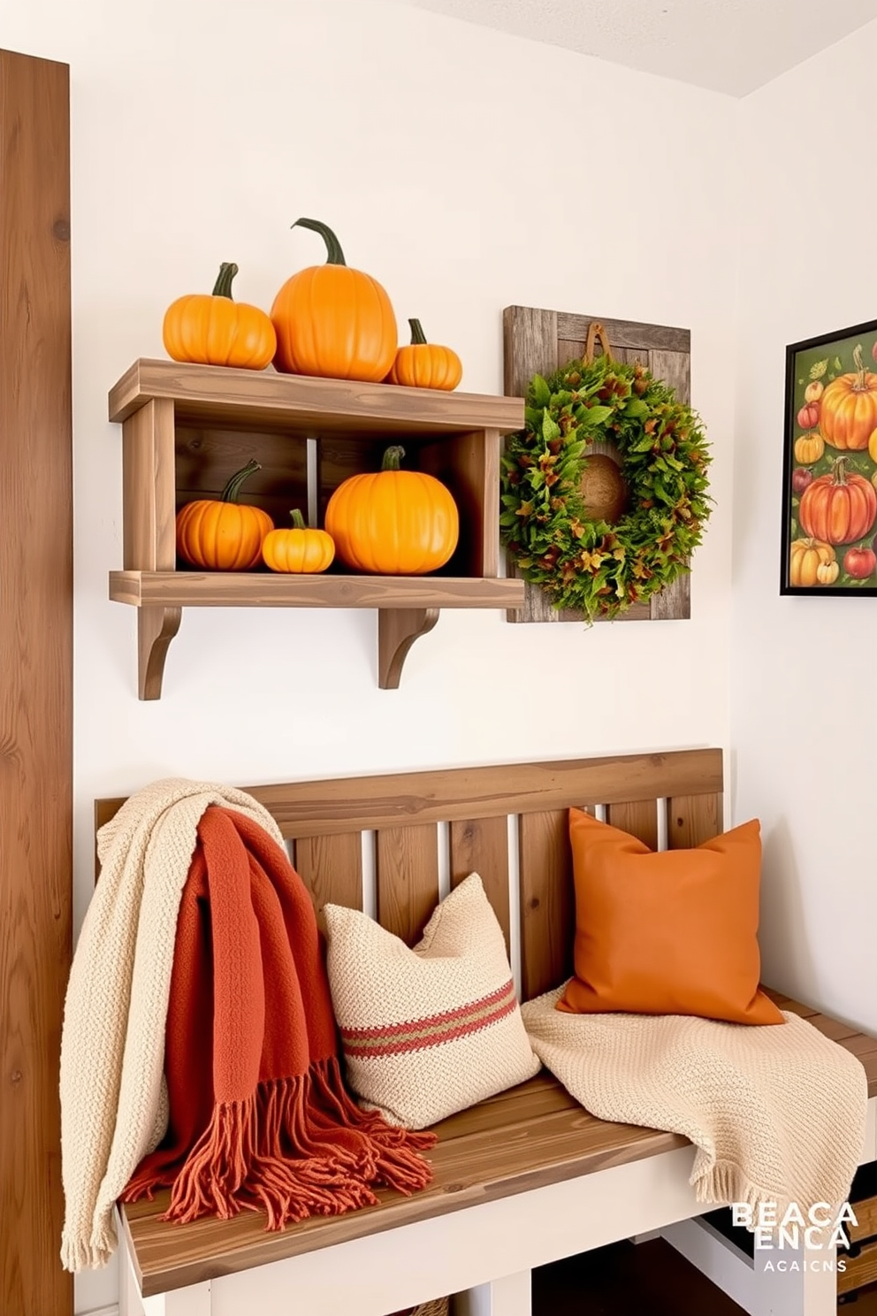 Small pumpkins of varying sizes sit on rustic wooden shelves, adding a touch of autumn charm to the space. The mudroom features warm-toned accents, with cozy throw blankets draped over a bench and colorful fall-themed artwork on the walls.