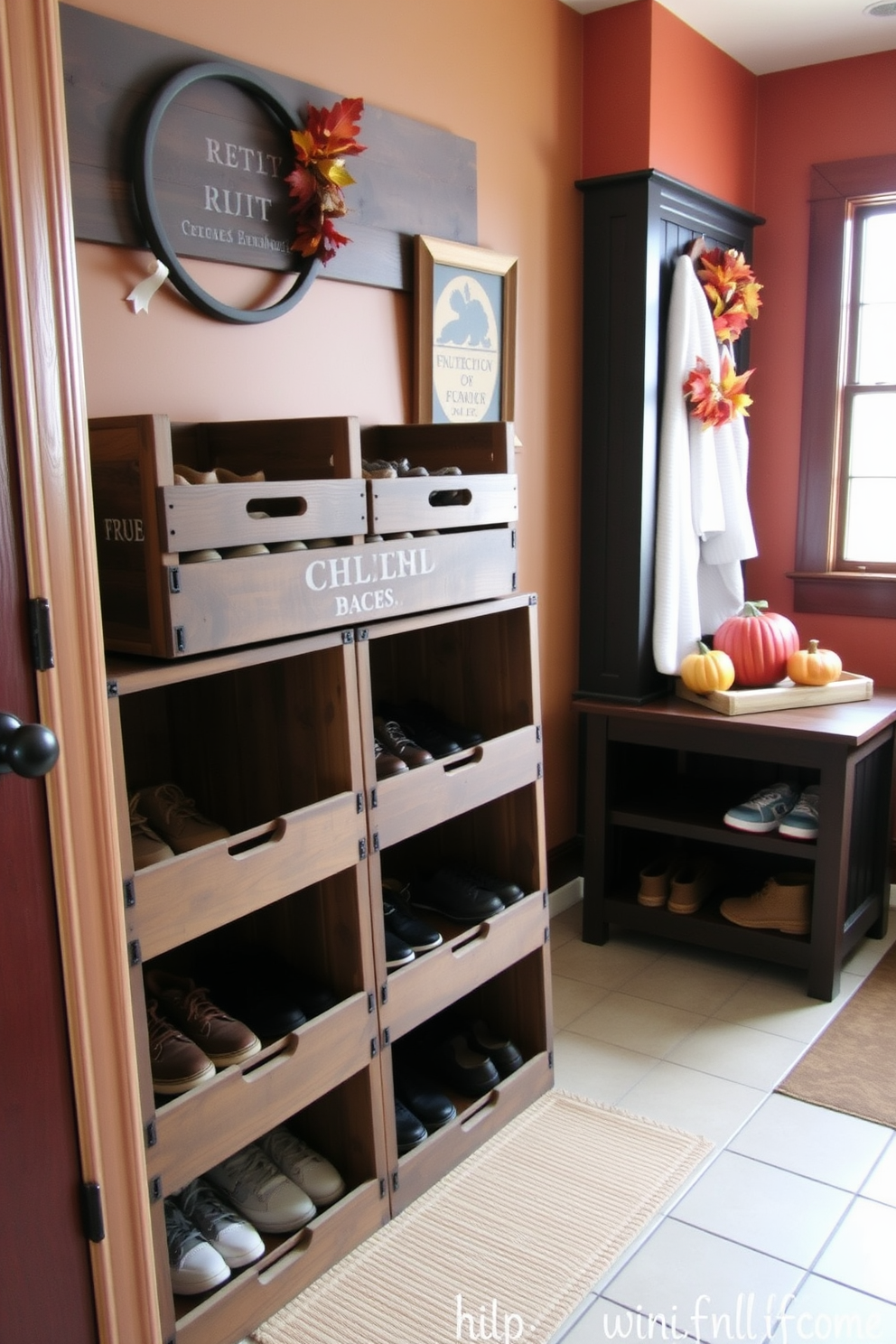 A cozy mudroom featuring rustic wooden crates stacked for shoe storage. The walls are adorned with warm, earthy tones and a touch of seasonal decor, showcasing autumn leaves and pumpkins.