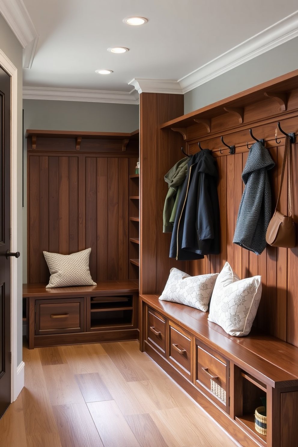 A cozy mudroom featuring wooden benches with storage compartments. The benches are adorned with plush cushions, and hooks for coats line the walls, creating an inviting and functional space.