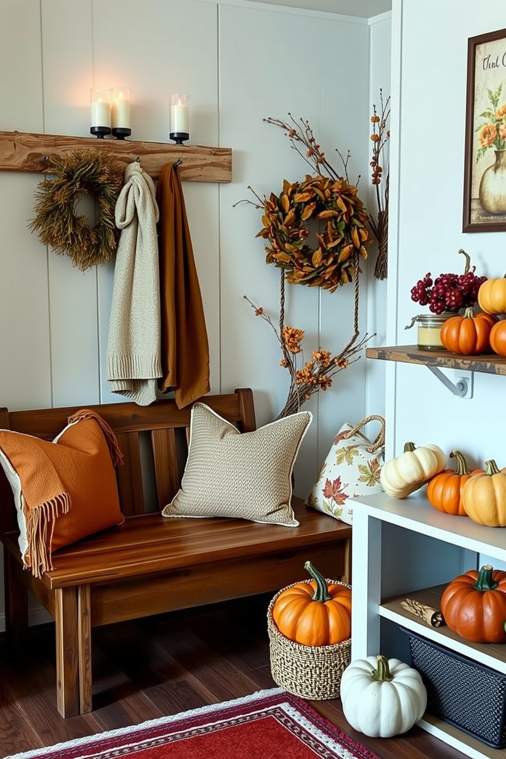 A cozy fall mudroom adorned with scented candles in warm autumn fragrances. The space features a rustic wooden bench with plush cushions and a collection of decorative pumpkins arranged on a nearby shelf.