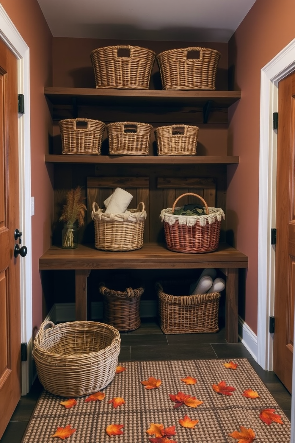 A cozy mudroom featuring woven baskets neatly arranged on a rustic wooden shelf. The walls are painted in warm earth tones, and a textured rug in autumn colors lies on the floor.