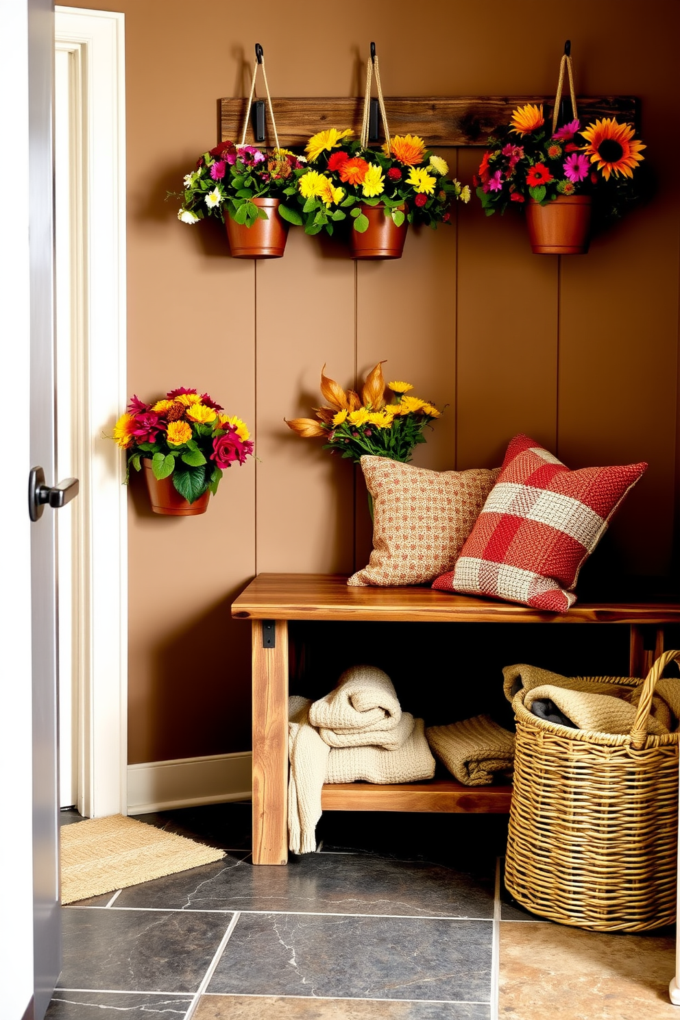 A cozy mudroom adorned with hanging planters filled with vibrant fall flowers. The walls are painted in a warm taupe, and a rustic bench with storage underneath sits against one side. The floor features a durable slate tile that complements the earthy tones. A woven basket filled with cozy blankets is placed next to the bench for added comfort and style.