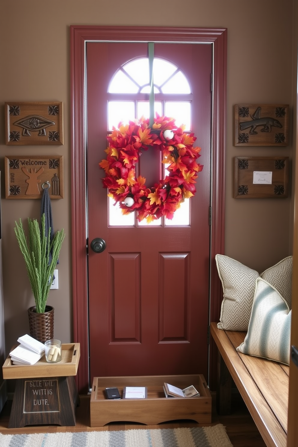 A cozy mudroom adorned with decorative trays for keys and essentials. The trays are crafted from natural wood and feature intricate carvings, adding a touch of elegance to the space. The walls are painted in a warm taupe, complemented by a rustic bench with soft cushions. A vibrant autumn wreath hangs on the door, welcoming guests with seasonal charm.