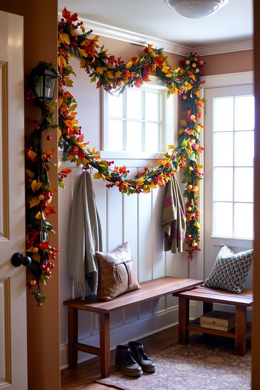 A cozy mudroom adorned with seasonal garlands draped elegantly across the entryway. The warm tones of autumn leaves and berries create a welcoming atmosphere, complemented by rustic wooden hooks and a bench for shoes.