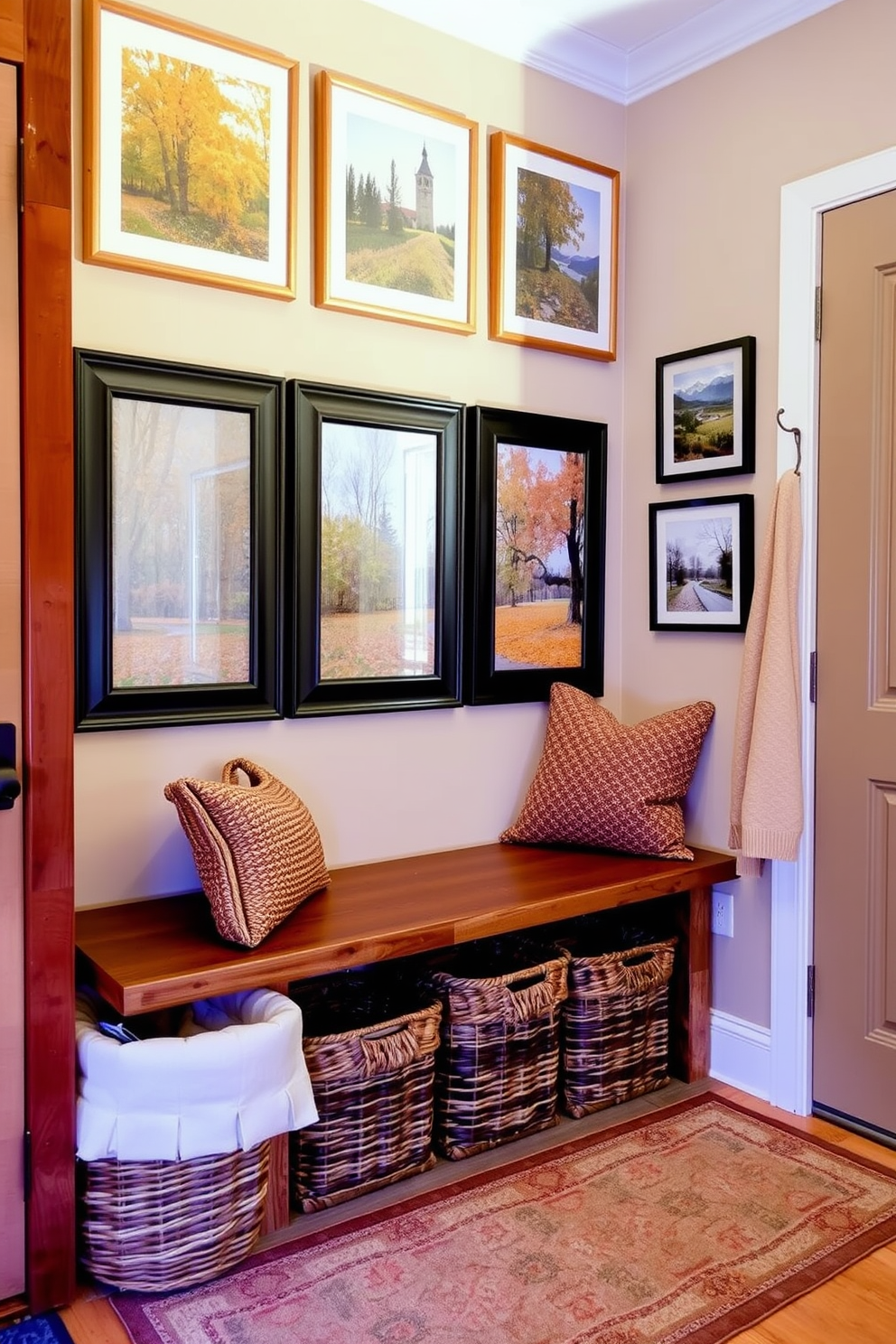 Framed photos of autumn landscapes adorn the walls of a cozy mudroom. The space features a rustic wooden bench with a soft cushion, and a collection of woven baskets for storage is neatly arranged below. Warm earth tones dominate the color palette, creating an inviting atmosphere. A patterned area rug lies beneath the bench, adding texture and comfort to the room.